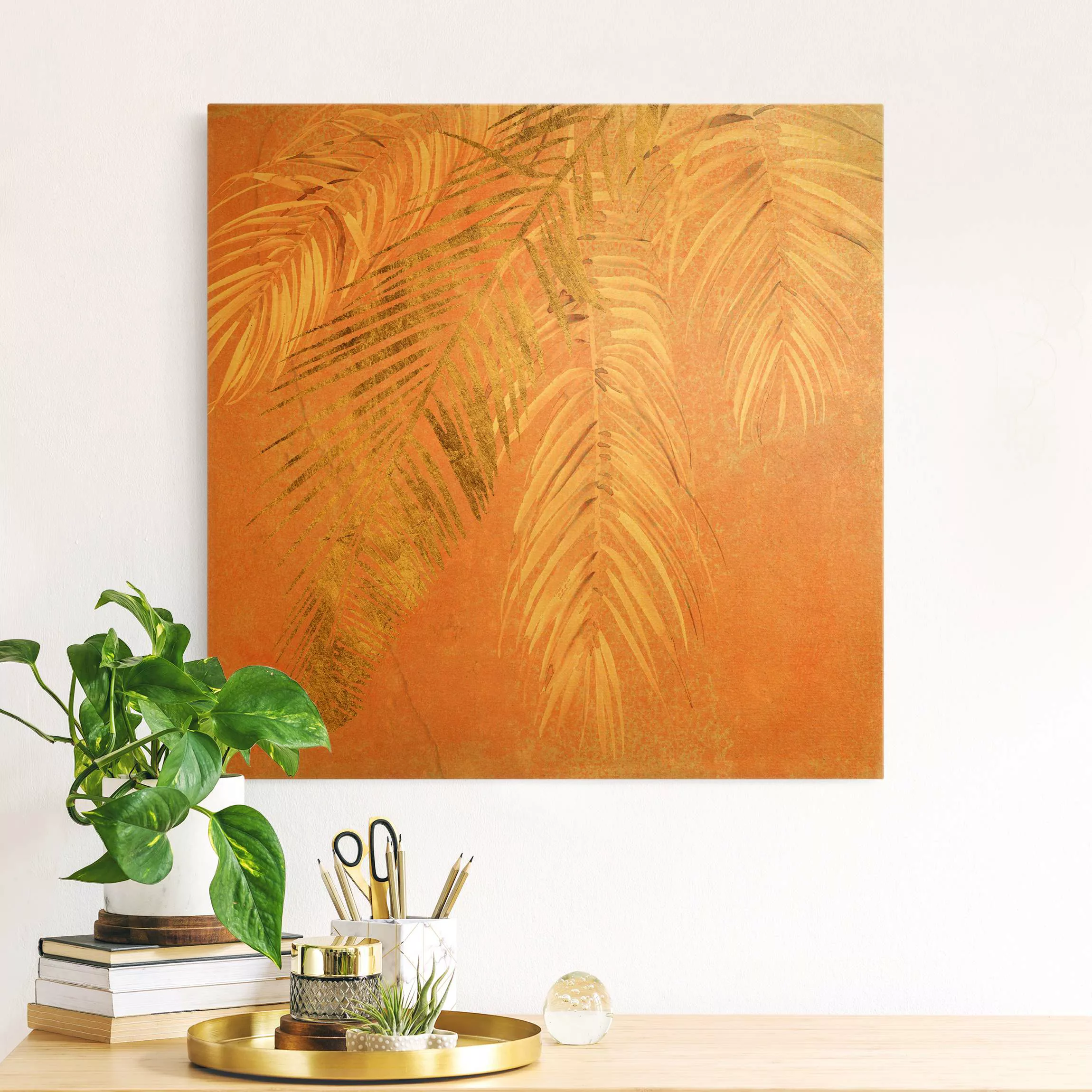 Leinwandbild Palmenblätter Rosa und Gold I günstig online kaufen