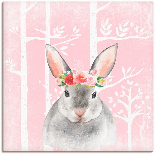 Artland Leinwandbild "Hase mit Blumen im pink Wald", Tiere, (1 St.), auf Ke günstig online kaufen