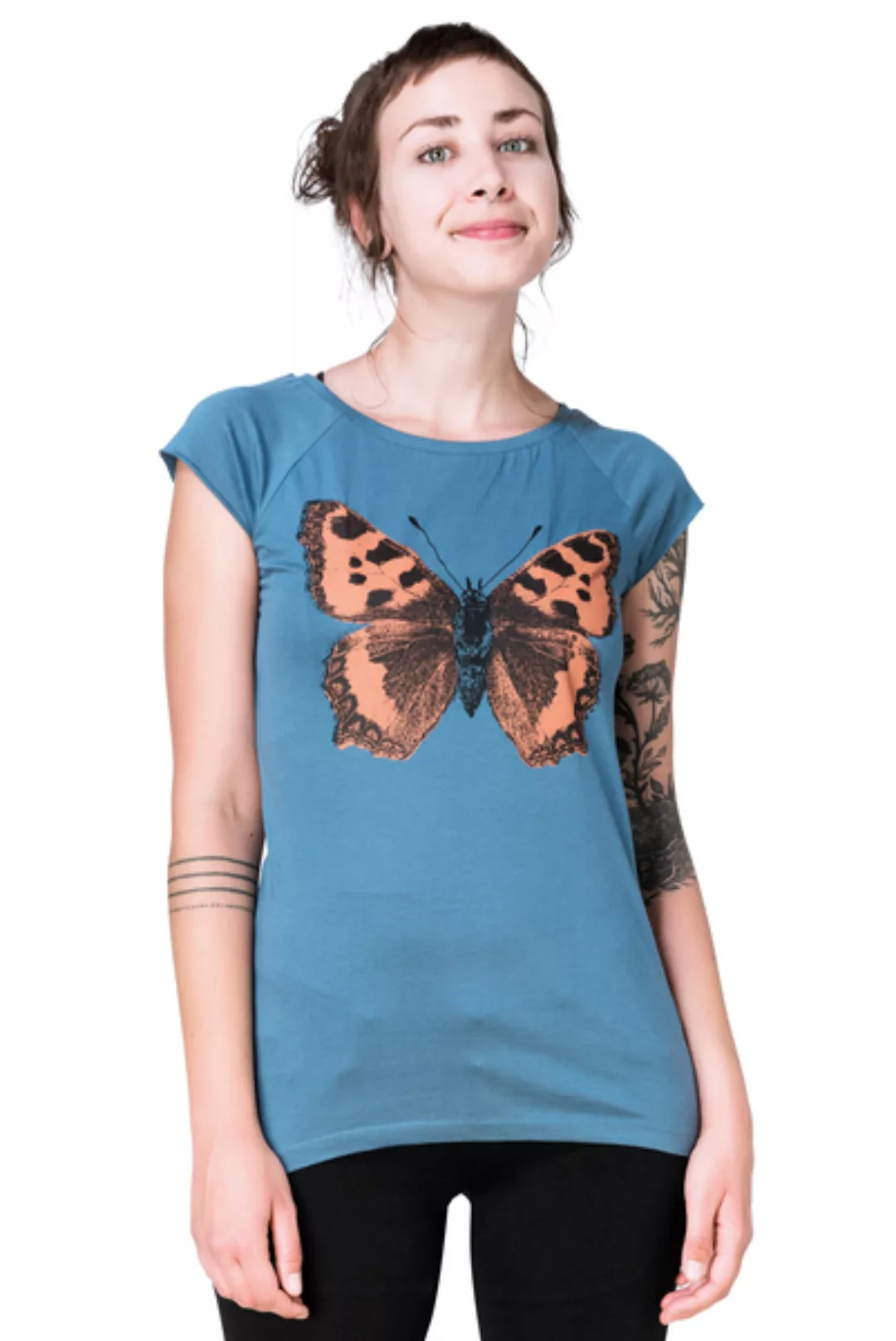 Bio-& Fair-trade-frauenshirt "Schmetterling Großer Fuchs" Denimblau günstig online kaufen