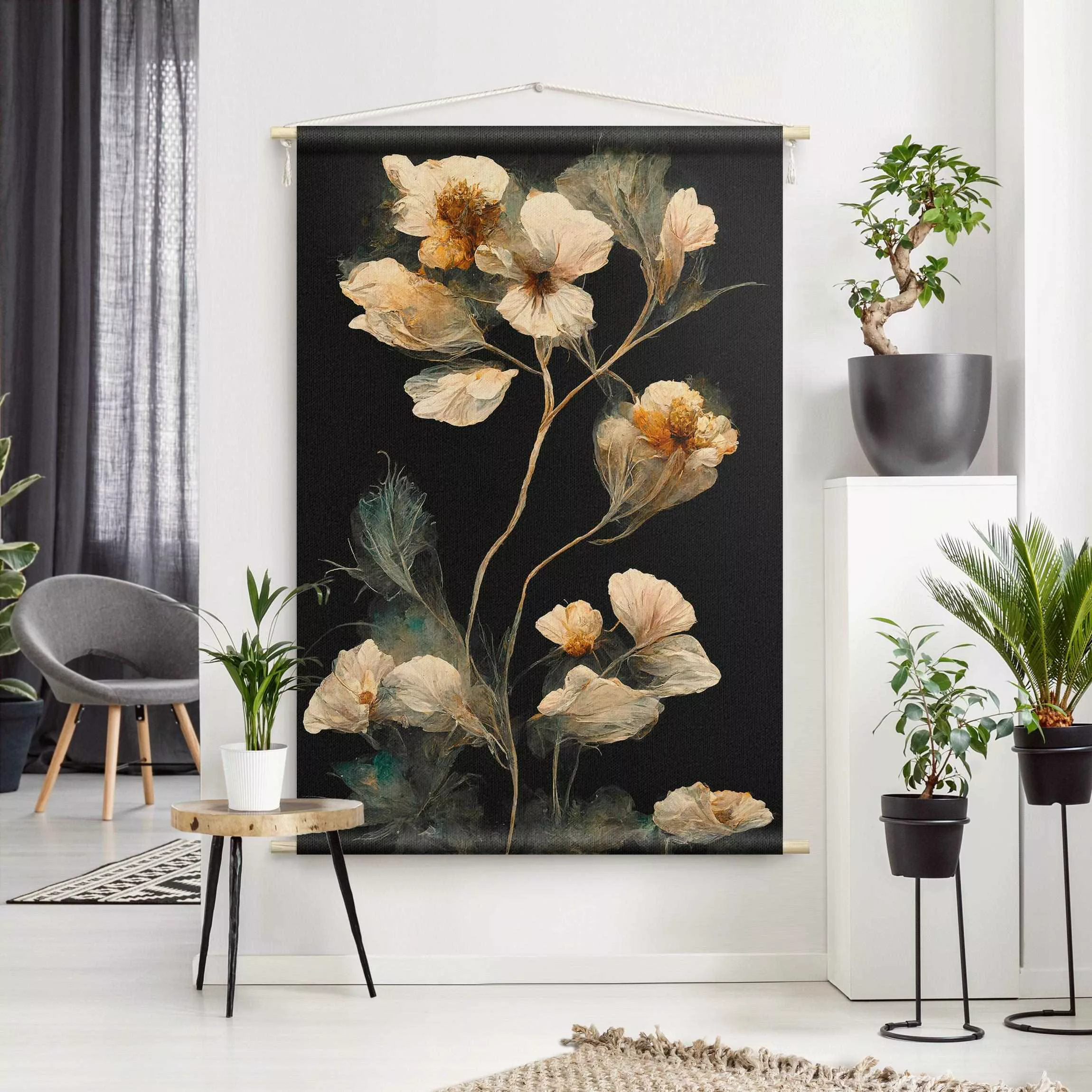 Wandteppich Helle Blüten auf Schwarz günstig online kaufen