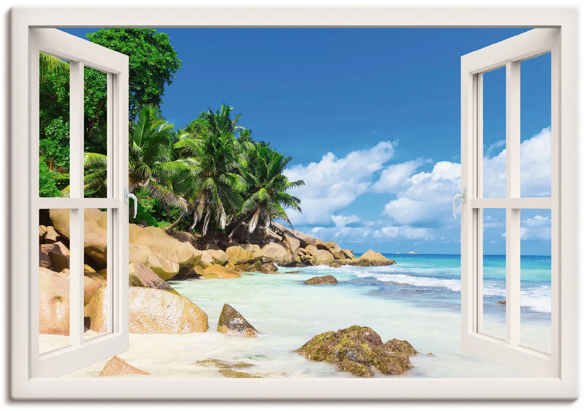 Artland Wandbild "Küste mit Palmen durchs Fenster", Karibikbilder, (1 St.) günstig online kaufen