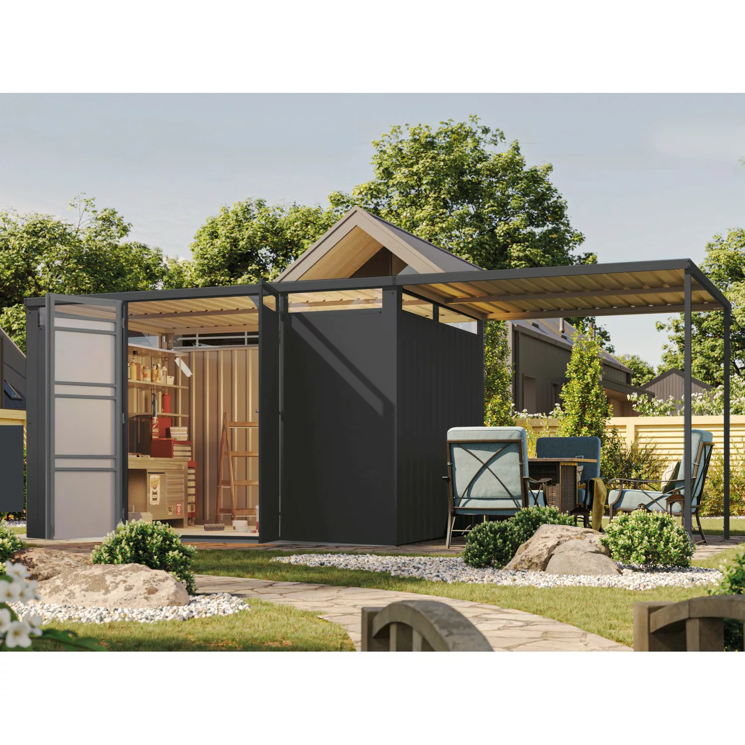 Karibu Gartenhaus Set Mateo 3 Anthrazit mit Anbaudach 225 m Breit 7,95 m² günstig online kaufen