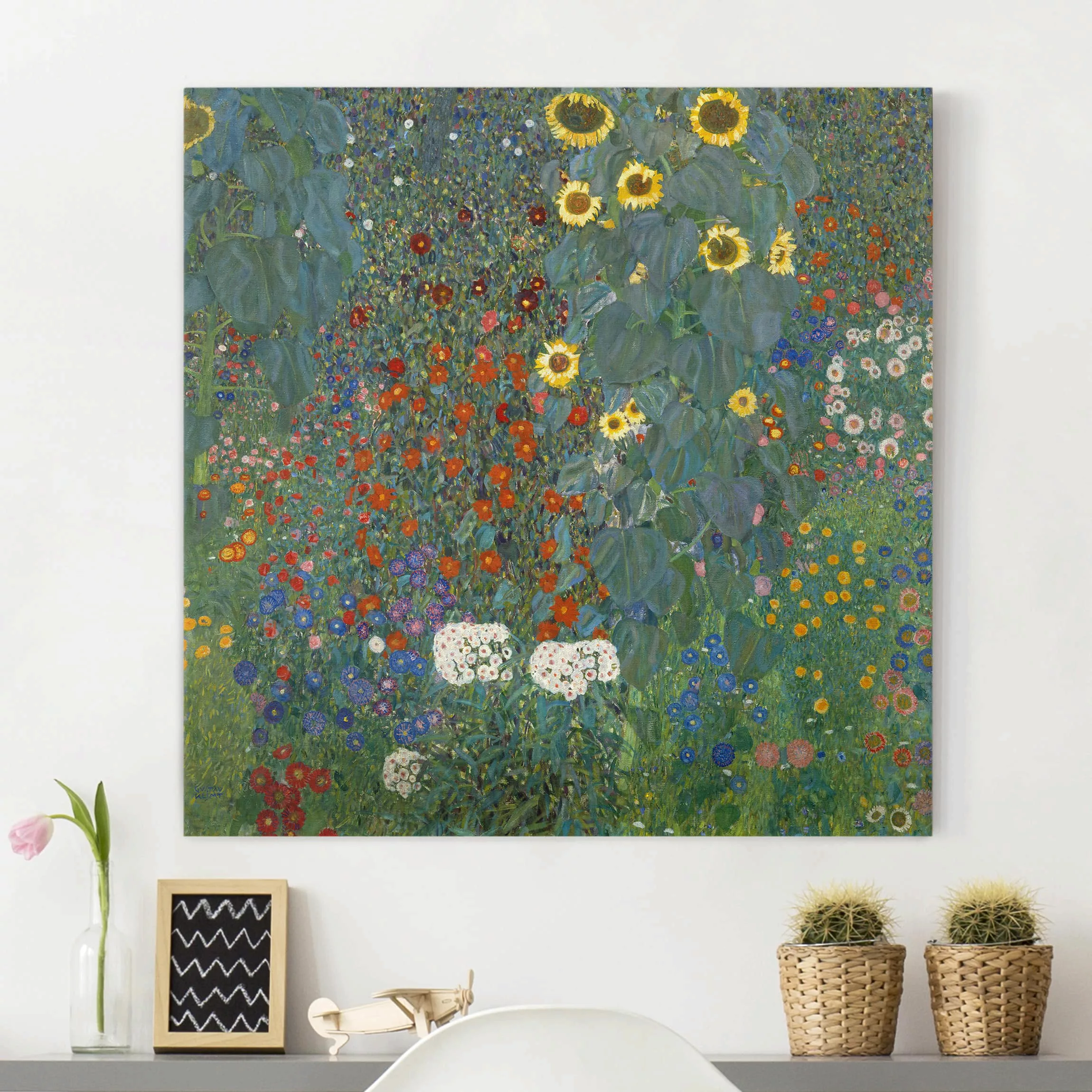 Leinwandbild Kunstdruck - Quadrat Gustav Klimt - Garten Sonnenblumen günstig online kaufen
