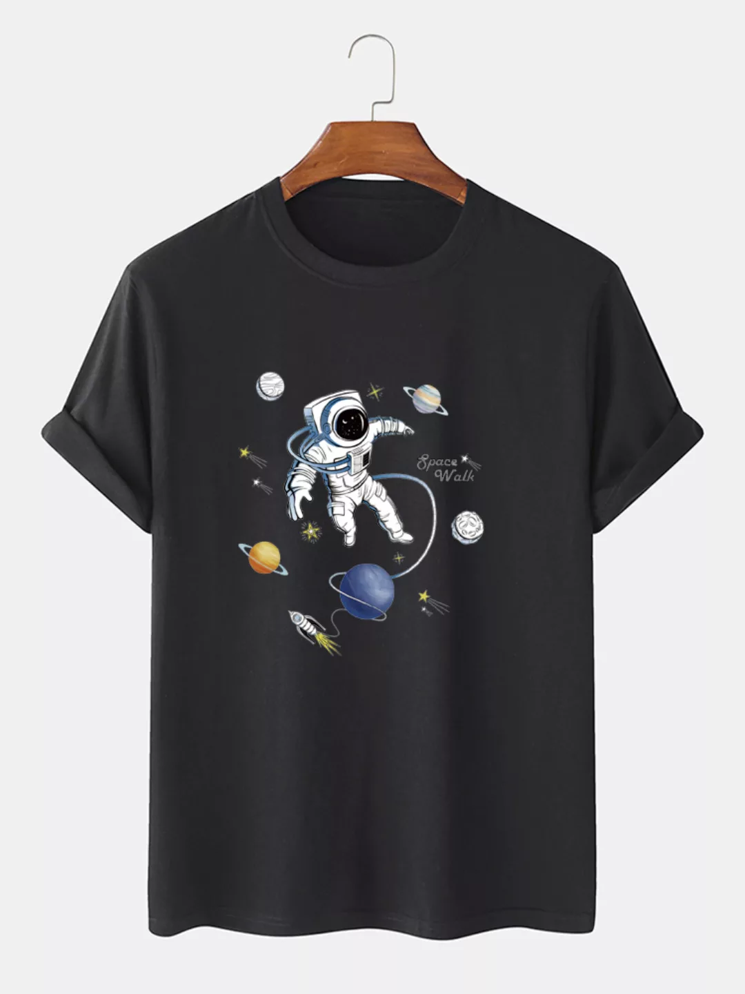 Herren Astronaut & Planet Print Lose leichte Rundhals-T-Shirts günstig online kaufen