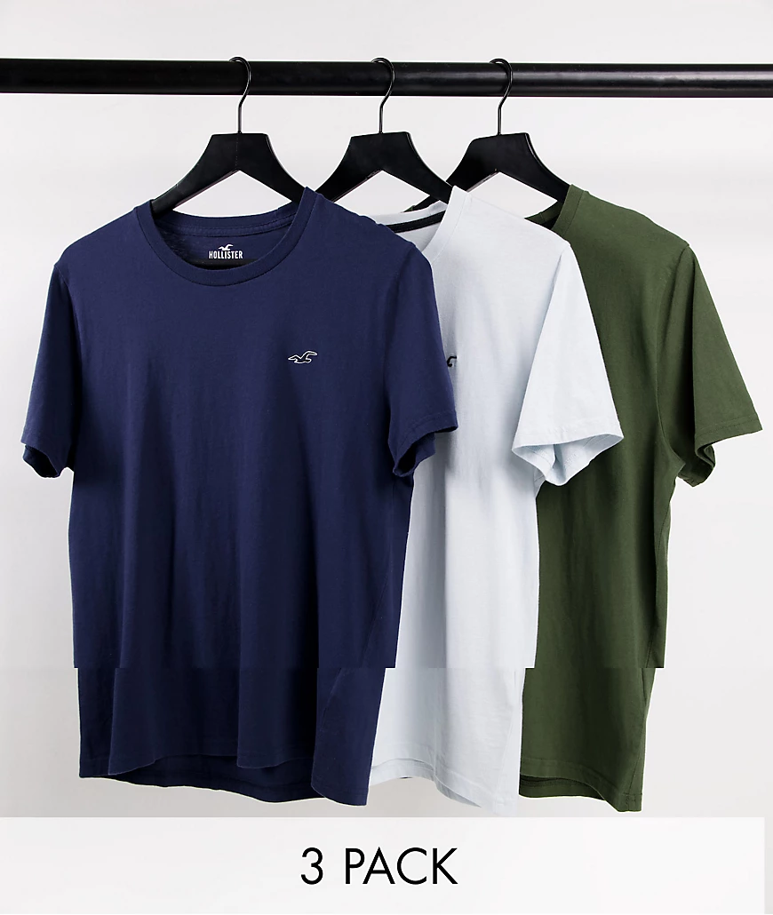 Hollister – 3er-Pack T-Shirts in Marine/Grün/Blau mit Logosymbol-Mehrfarbig günstig online kaufen