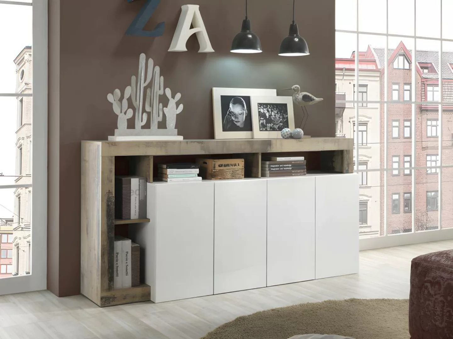 Sideboard mit 4 Türen & 4 Ablagen - Weiß lackiert & Eichefarben - SEFRO günstig online kaufen