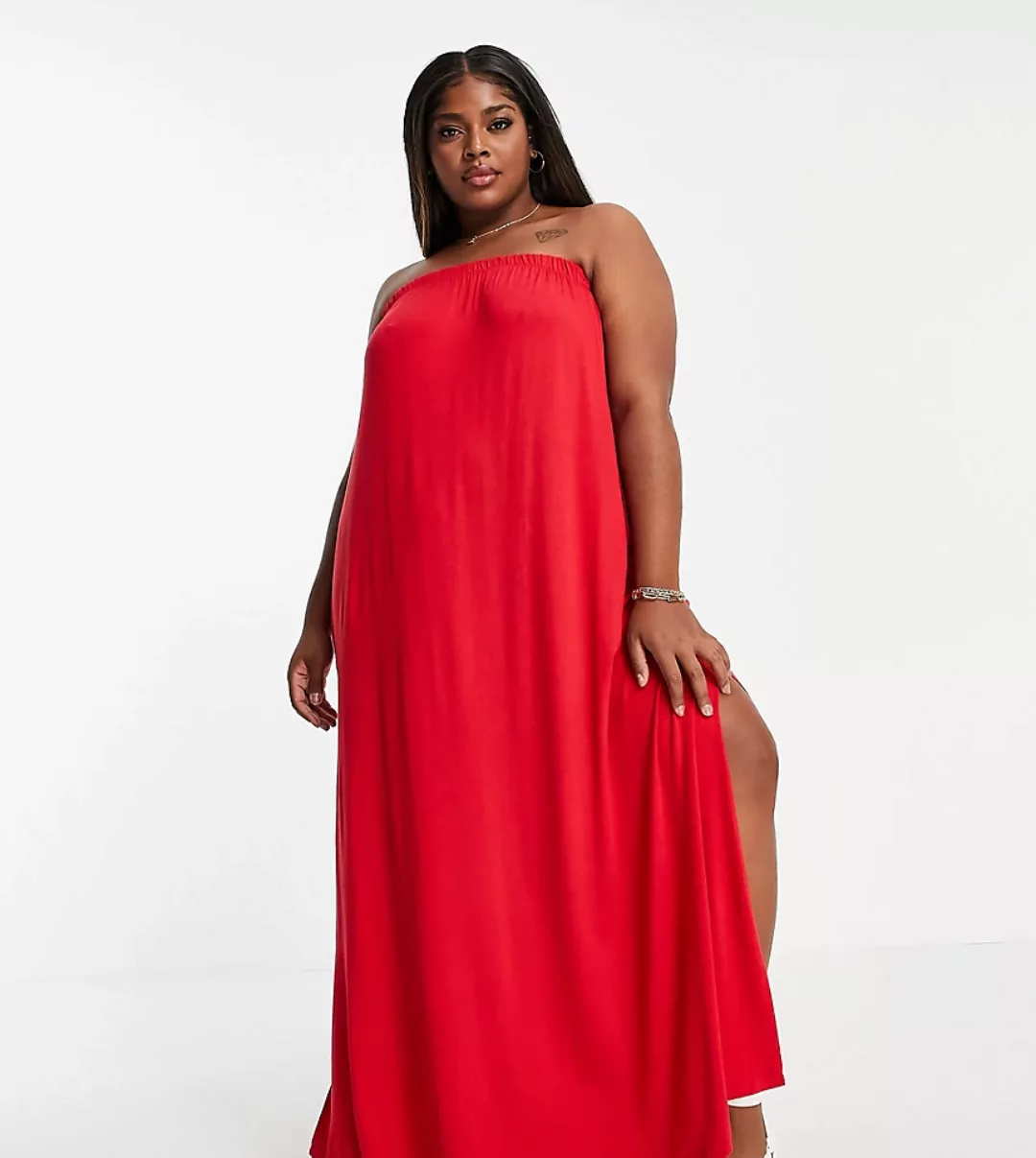 ASOS DESIGN Curve – Trägerloses Maxi-Sommerkleid in Rot mit Taschen günstig online kaufen
