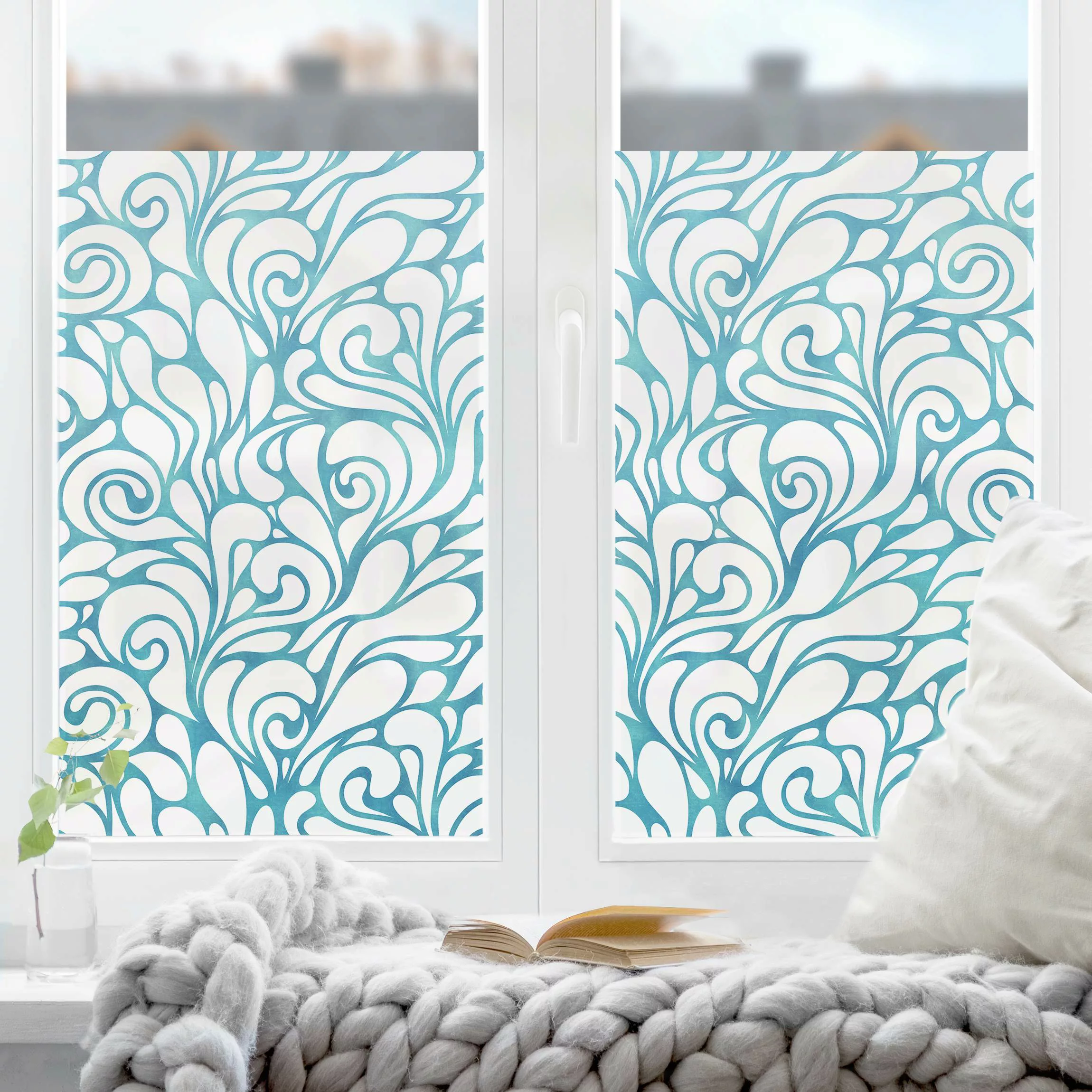 Fensterfolie Natürliches Muster mit Kringeln in Blau günstig online kaufen