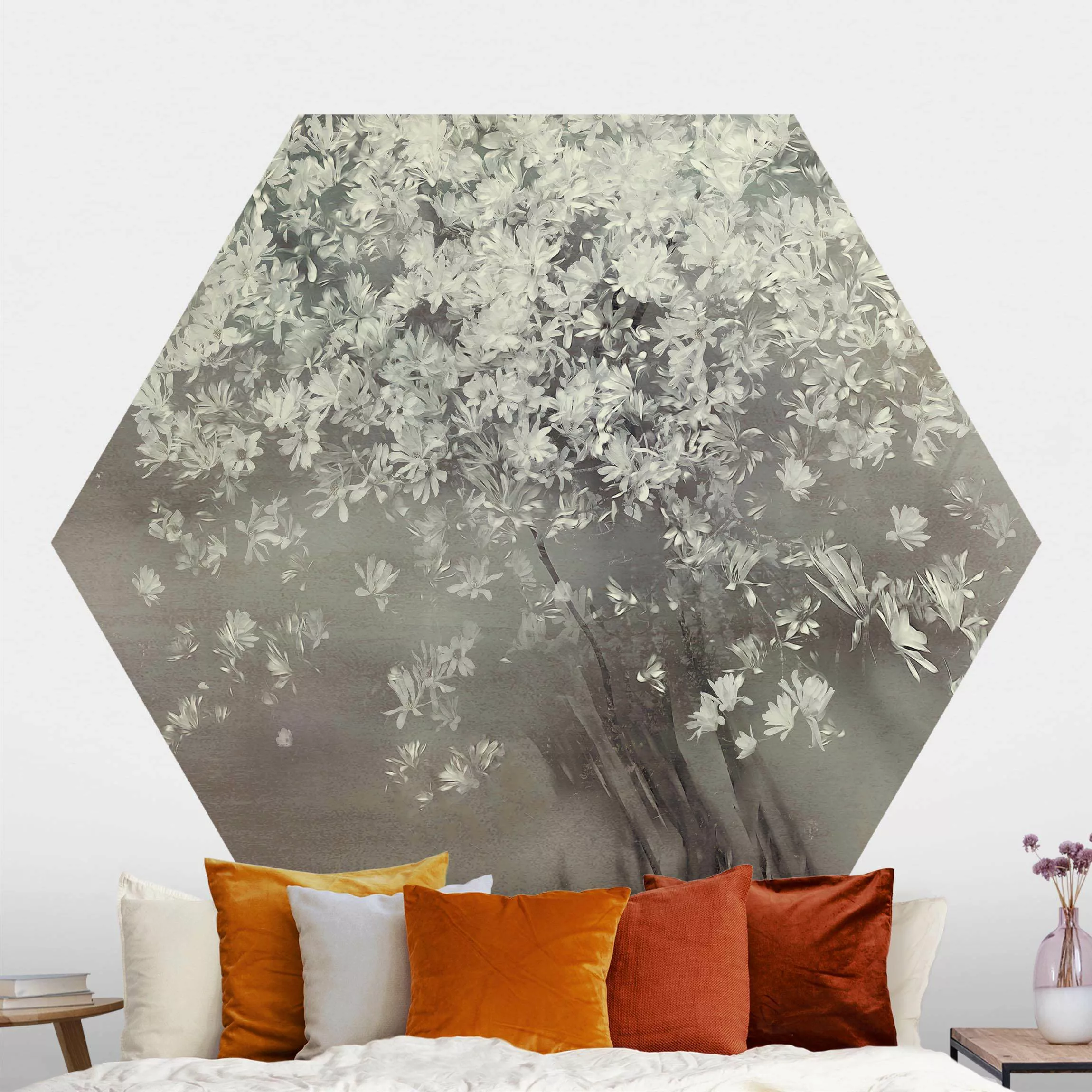 Hexagon Mustertapete selbstklebend Blühender Baum günstig online kaufen