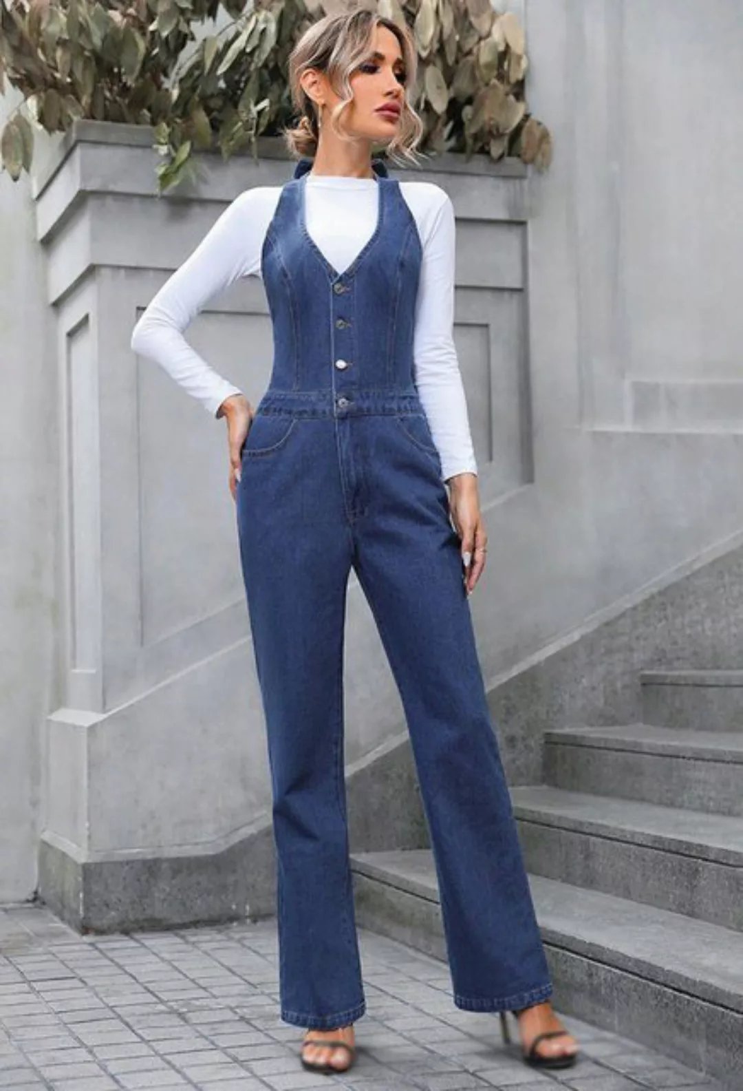 CHENIN 7/8-Overall Hochtaillierte Denim-Jumpsuit-Hose mit geradem Bein Temp günstig online kaufen