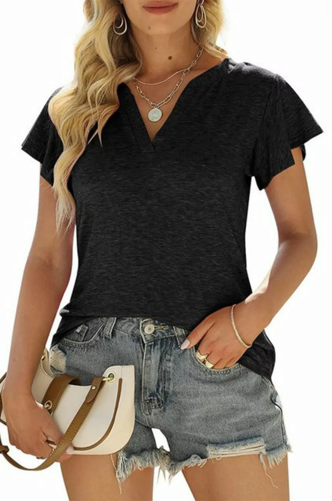 SEGUEN T-Shirt Damen-T-Shirt mit V-Ausschnitt und Schwalbenschwanz-Kurzarm günstig online kaufen