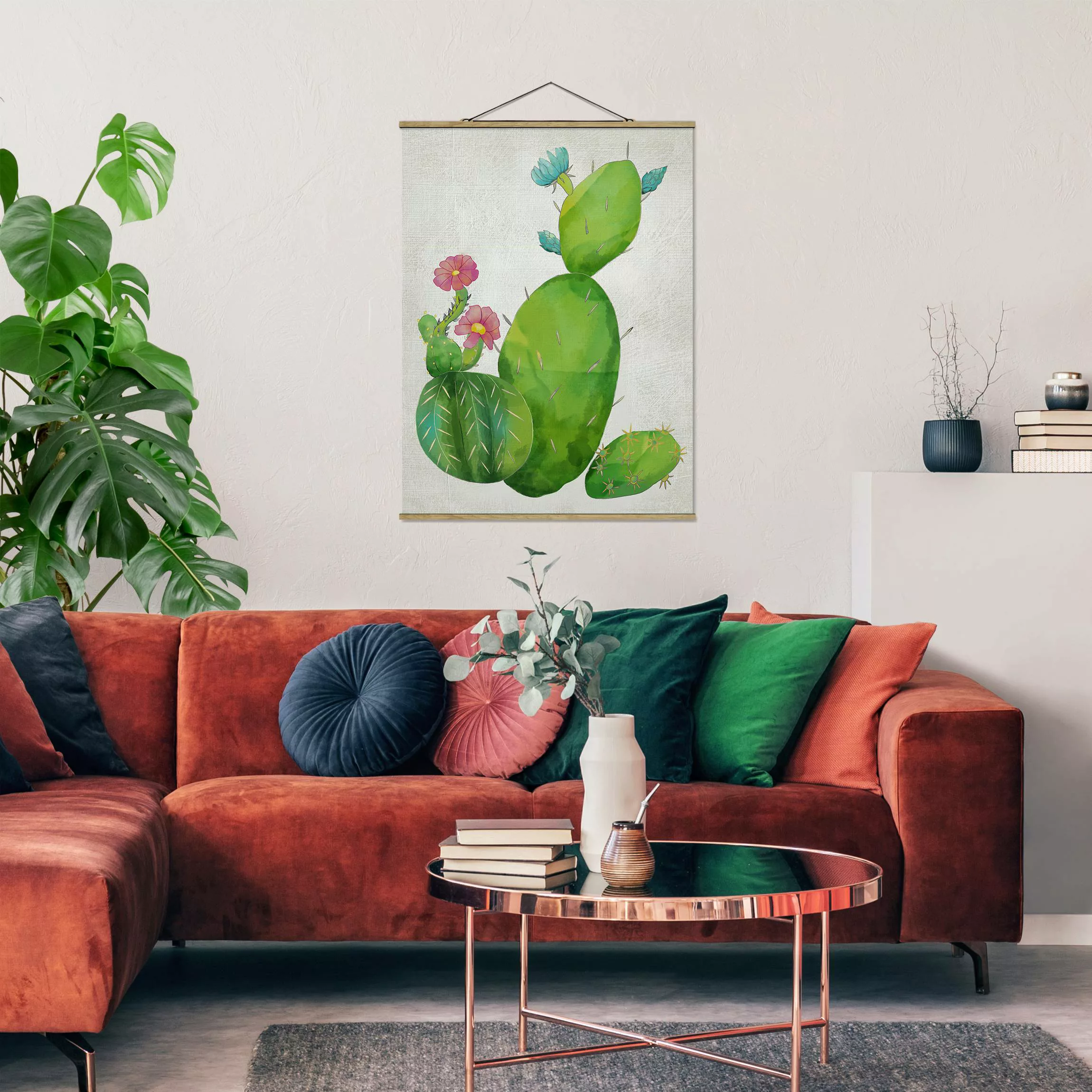 Stoffbild Blumen mit Posterleisten - Hochformat Kaktusfamilie rosa türkis günstig online kaufen