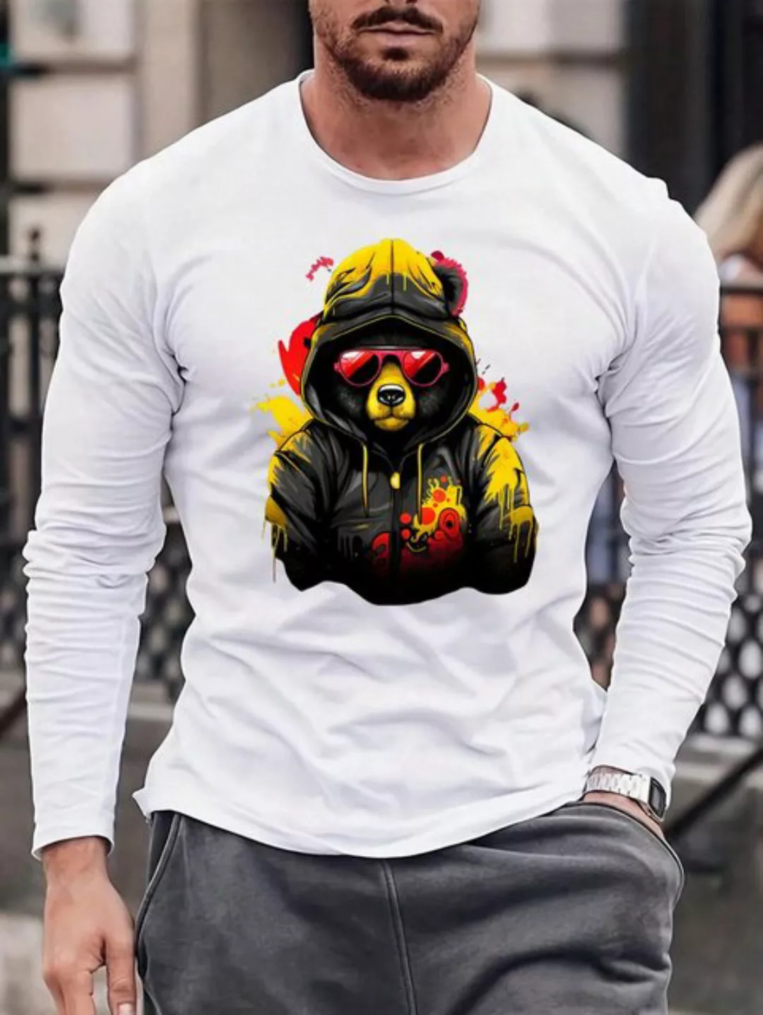 RMK Langarmshirt Herren Longsleeve Rundhals Basic Teddybär Bär aus Baumwoll günstig online kaufen