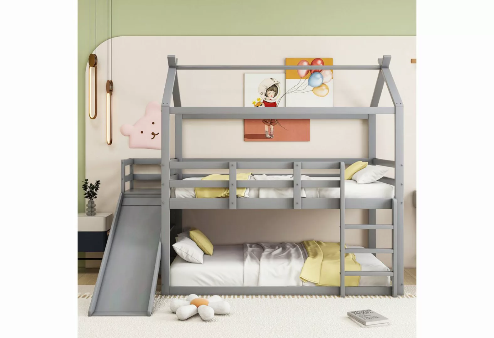OKWISH Etagenbett Holzbett mit Rutsche und Ablagefläche, mit Lattenrost (Ki günstig online kaufen