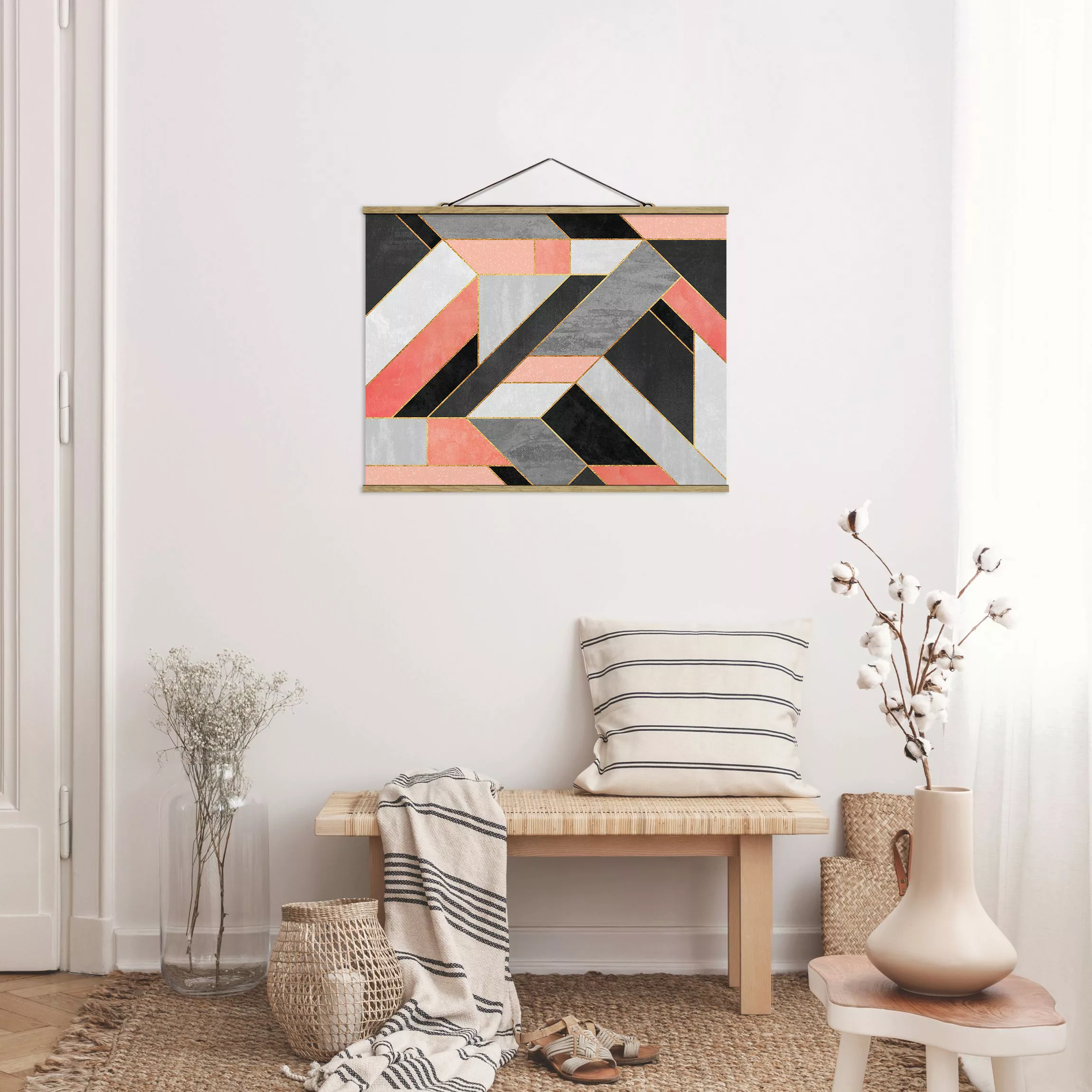 Stoffbild Abstrakt mit Posterleisten - Querformat Geometrie Rosa und Gold günstig online kaufen