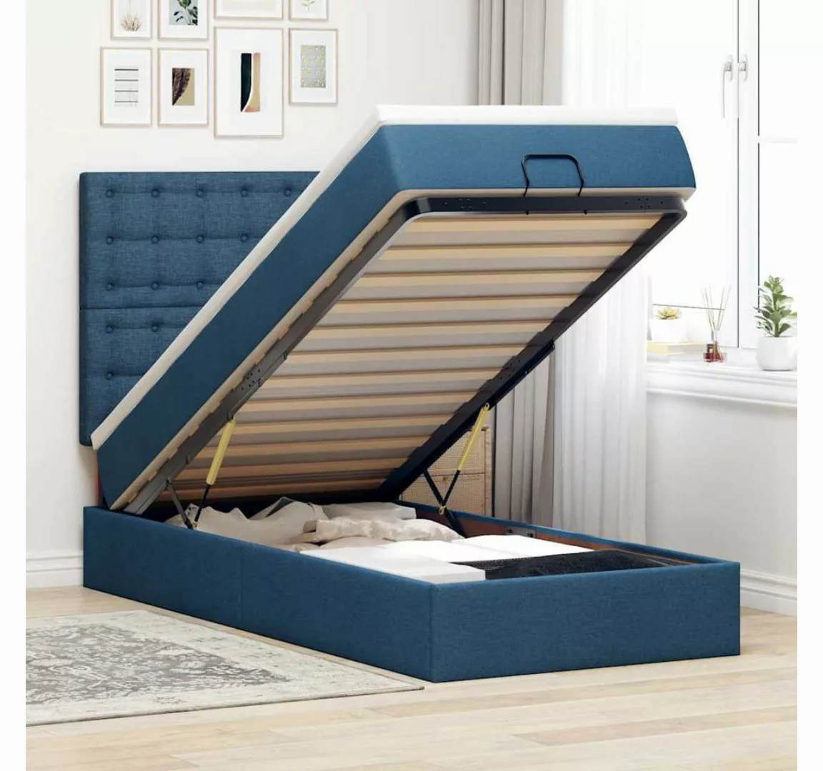 vidaXL Bett, Ottomane Bett mit Matratze & LEDs Blau 100x200 cm Stoff günstig online kaufen