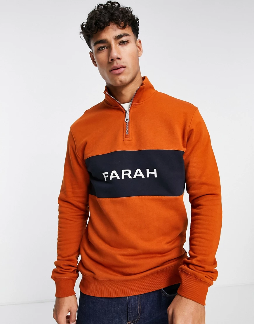 Farah – Sweatshirt in Rostrot mit Patchwork-Einsätzen und Halbreißverschlus günstig online kaufen
