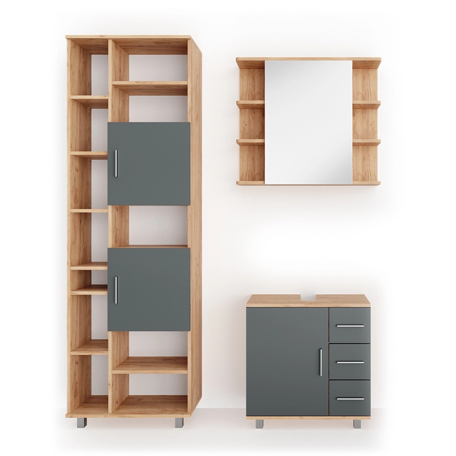 Vicco Badmöbel-Set Ilias Eiche/Anthrazit 3 Teile mit Unterschrank 60 cm günstig online kaufen
