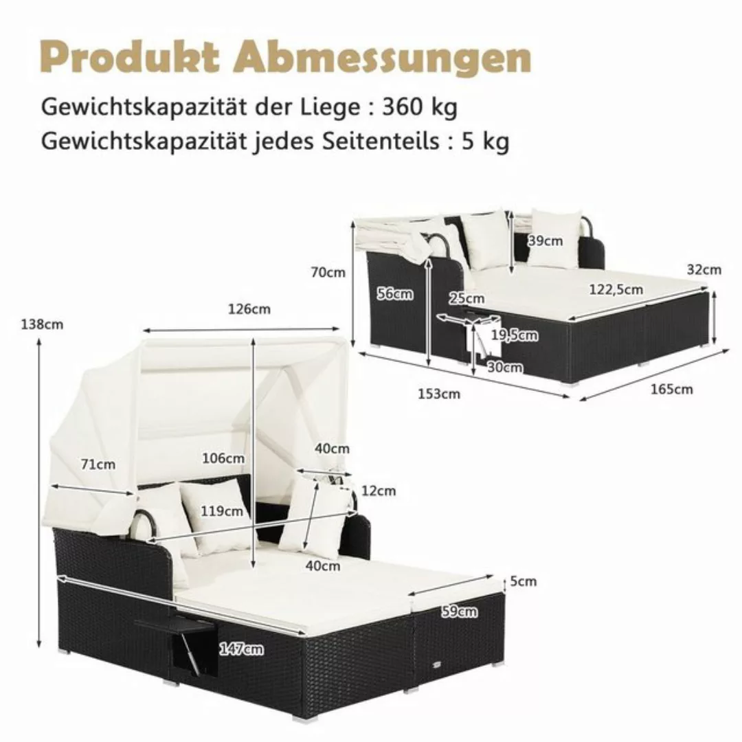 COSTWAY Loungebett, Rattan, 2-Personen, mit einziehbarem Sonnendach, Kissen günstig online kaufen