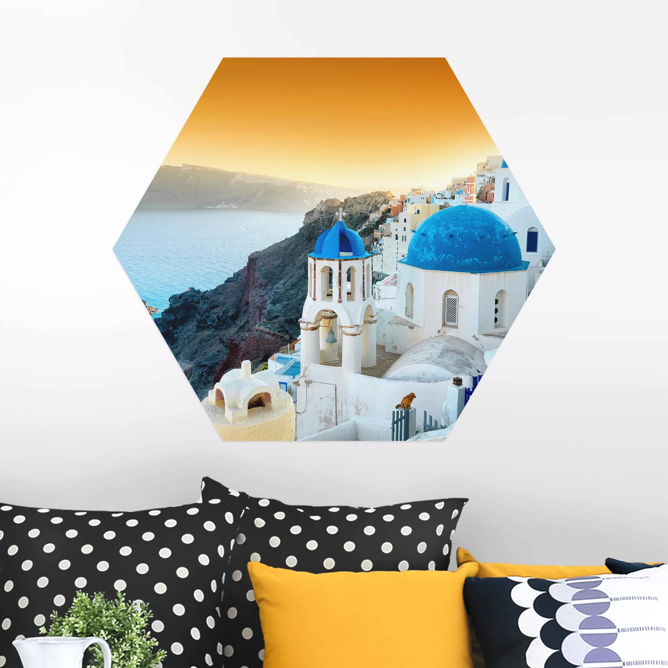 Hexagon-Alu-Dibond Bild Architektur & Skyline Sonnenuntergang über Santorin günstig online kaufen