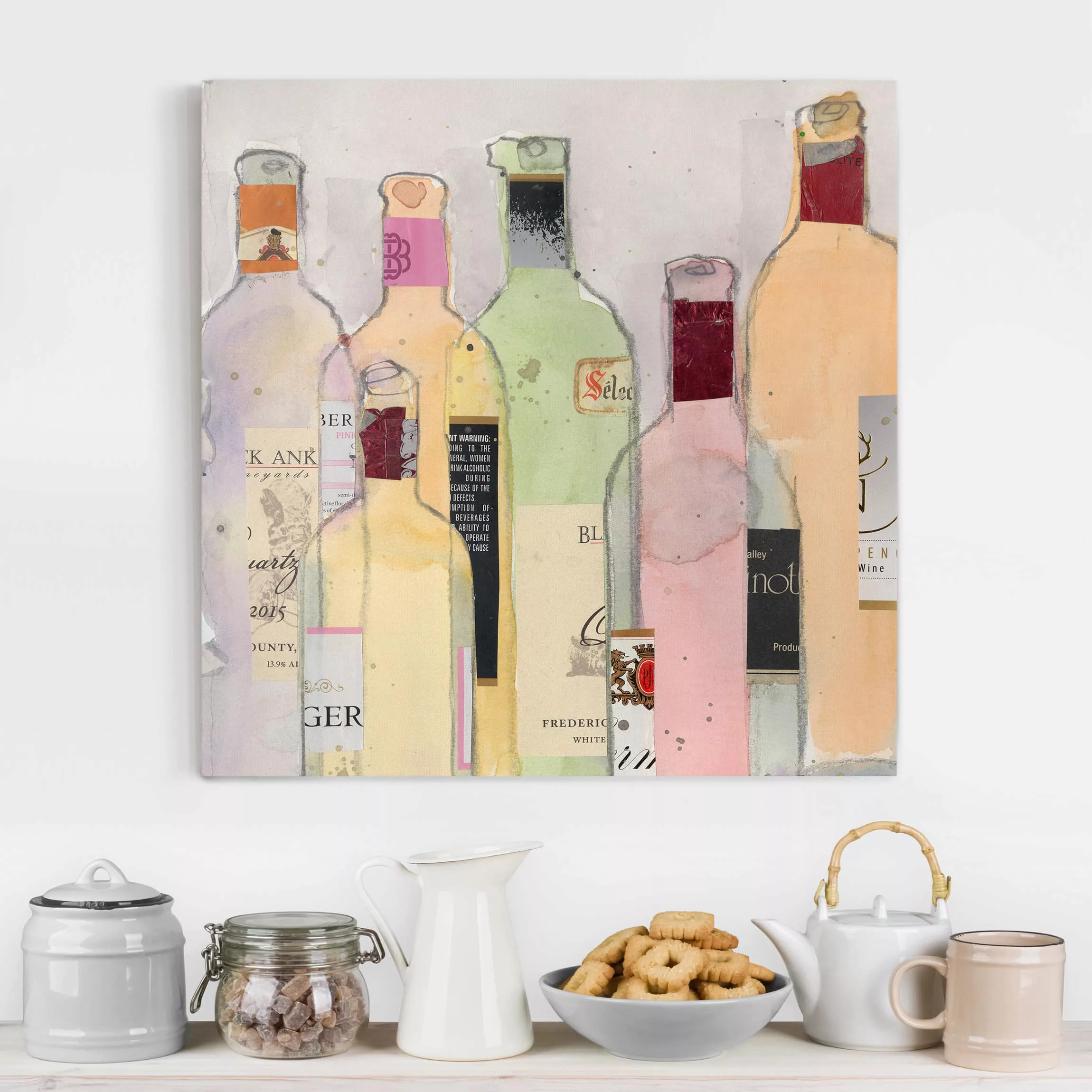 Leinwandbild Küche - Quadrat Weinflaschen in Wasserfarbe I günstig online kaufen