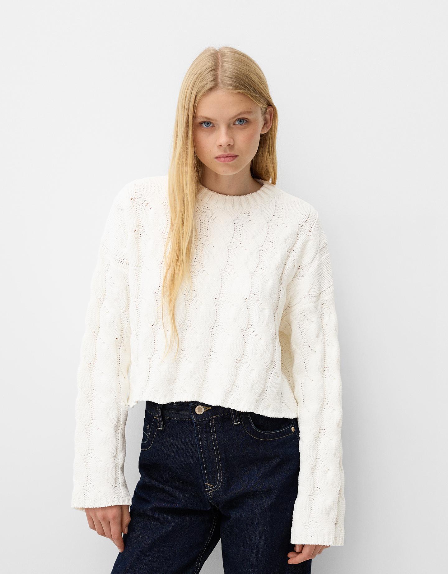 Bershka Chenillepullover Mit Flechtmuster Damen L Rohweiß günstig online kaufen