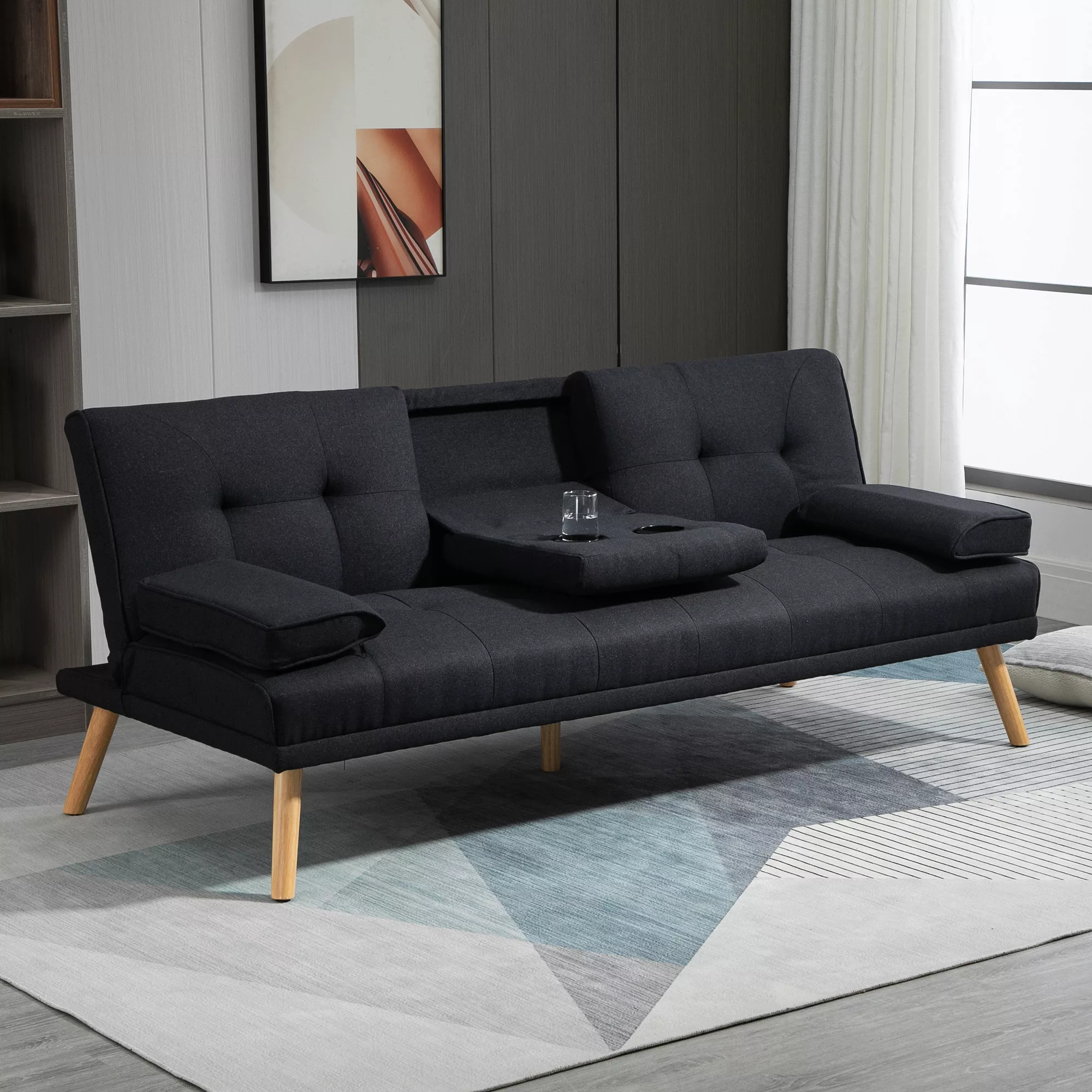 HOMCOM Schlafsofa, 3-Sitzer-Schlafcouch mit Klappbarem Tisch, Becherhalter, günstig online kaufen