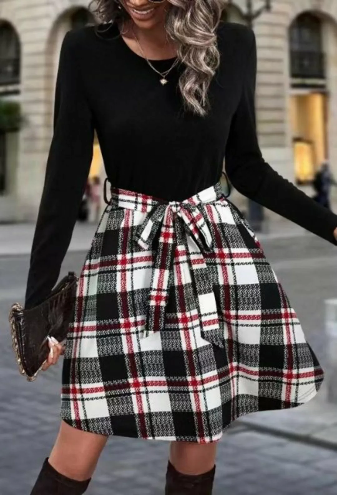 CHENIN Druckkleid Frühling und Herbst Damen Plaid Splicing Bottoming Rock L günstig online kaufen