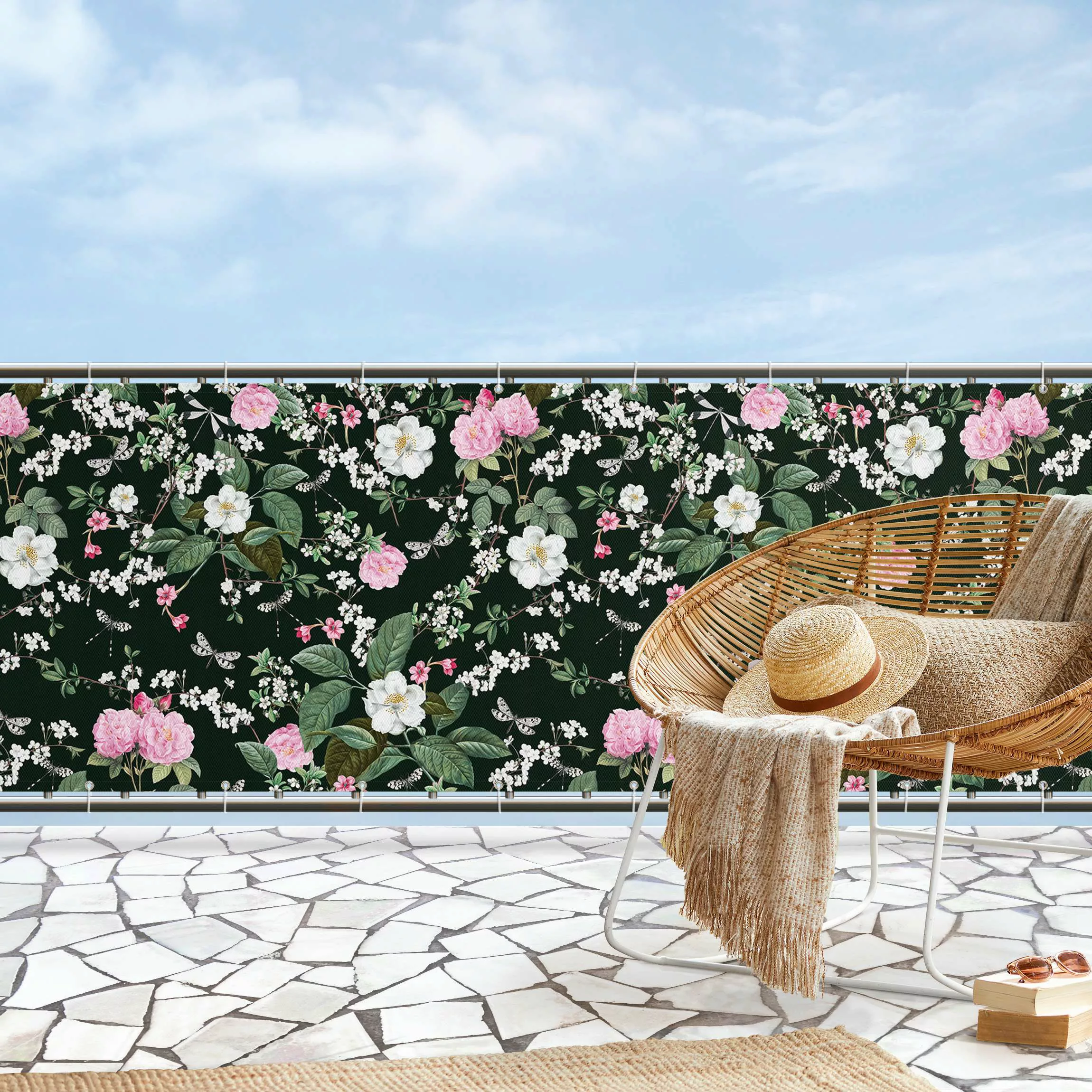 Balkon Sichtschutz Rosen und Schmetterlinge auf Dunkelgrün günstig online kaufen
