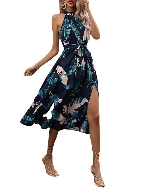 RUZU UG Strandkleid Damen Neckholder Sommerkleid Elegant Kleid Schlitz Frei günstig online kaufen