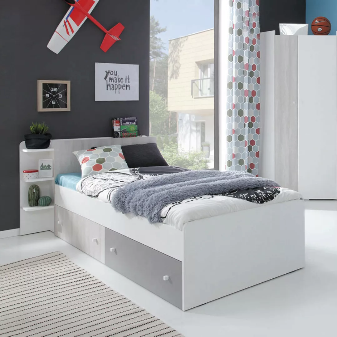 Jugendzimmer Set Bett 120x200cm und Eckkleiderschrank weiß, Eiche hell, gra günstig online kaufen