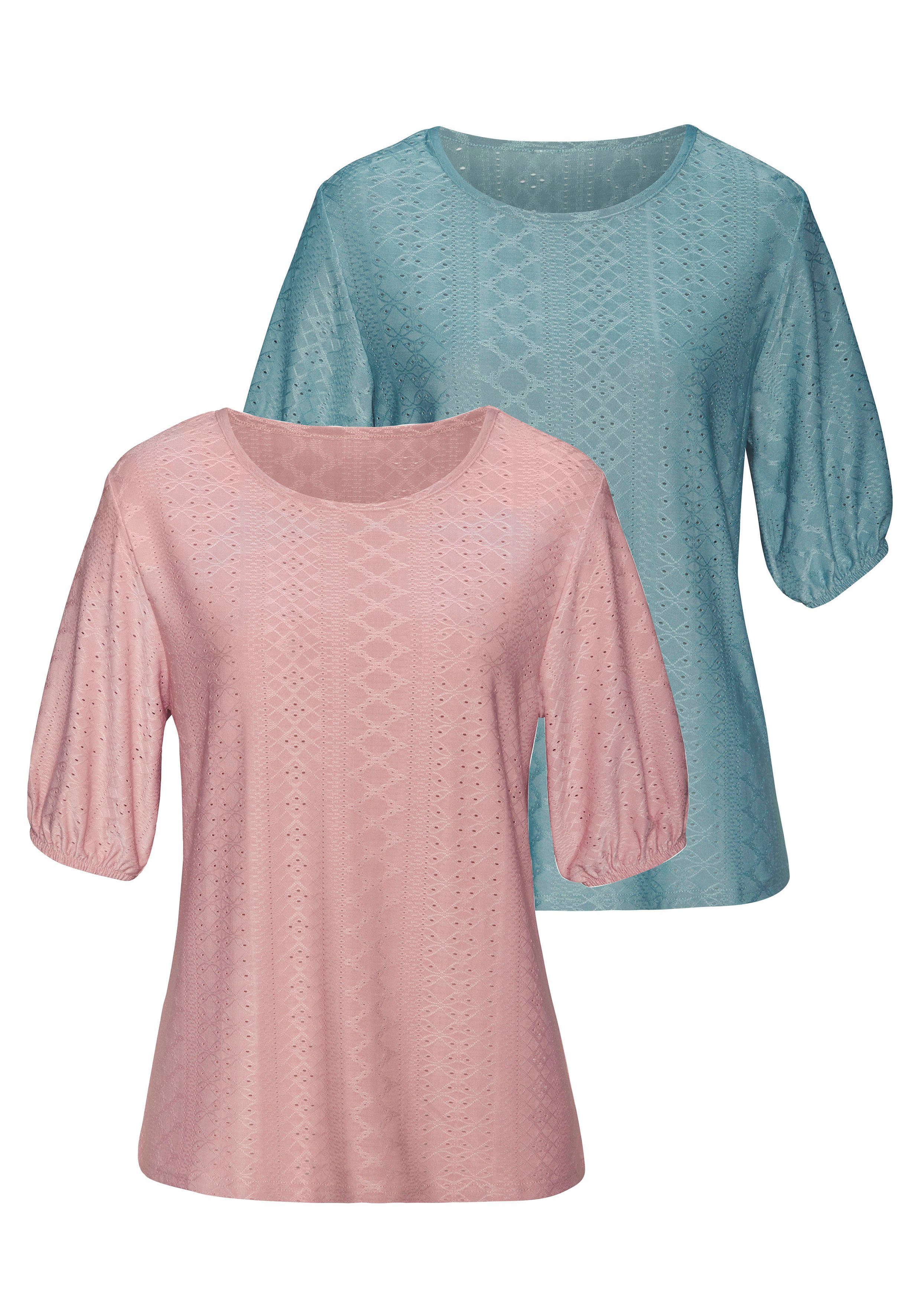 Vivance Kurzarmshirt "mit Lochstickerei", (2er-Pack), aus pflegeleichter Qu günstig online kaufen