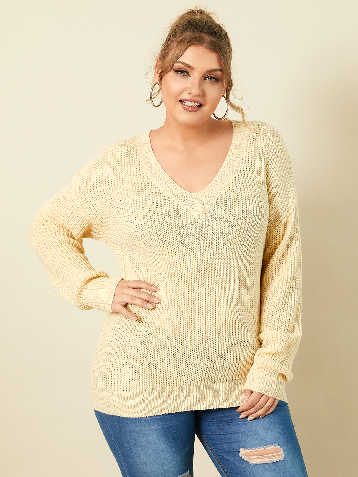 Plus Size Pullover mit V-Ausschnitt und langen Ärmeln günstig online kaufen