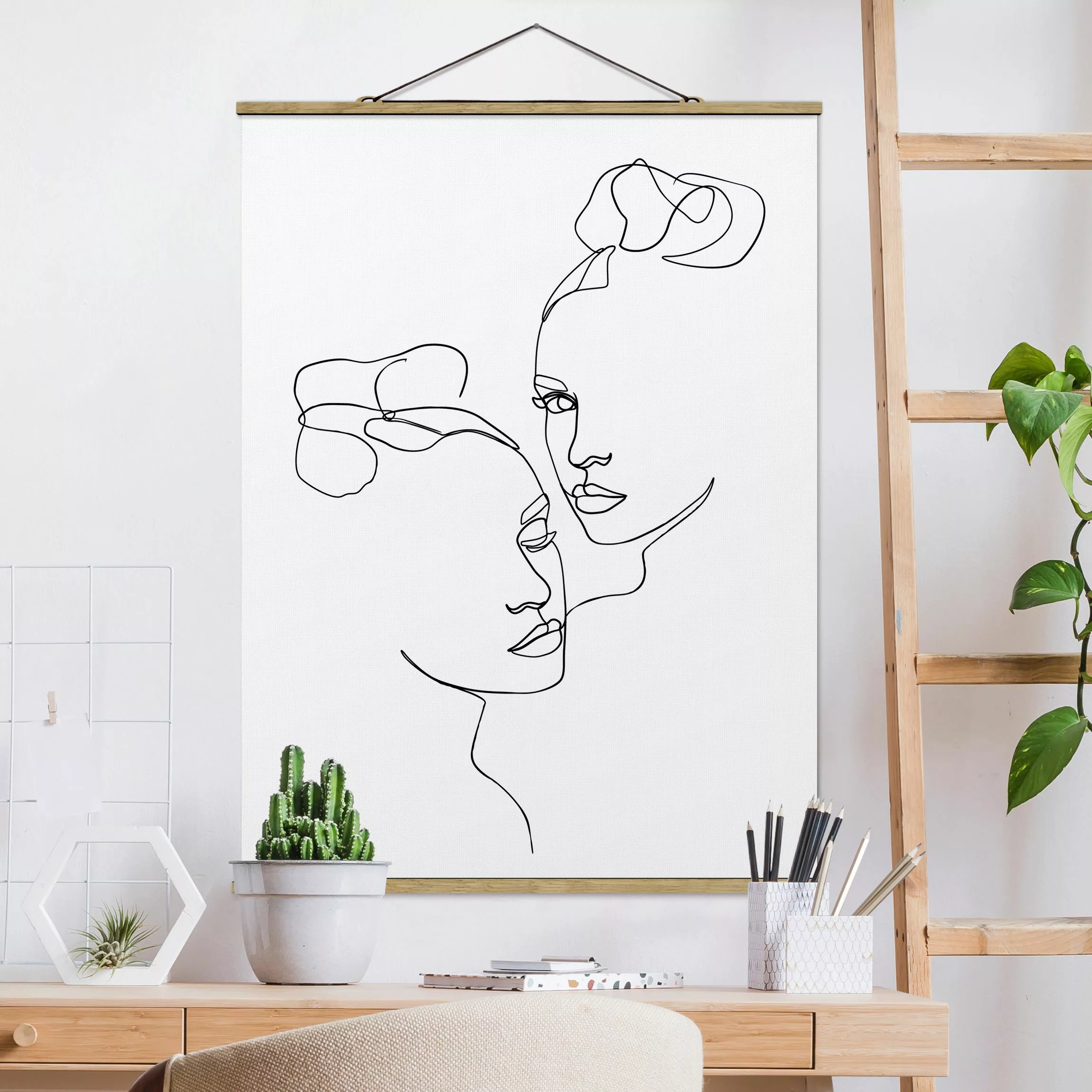 Stoffbild Abstrakt mit Posterleisten - Hochformat Line Art Gesichter Frauen günstig online kaufen