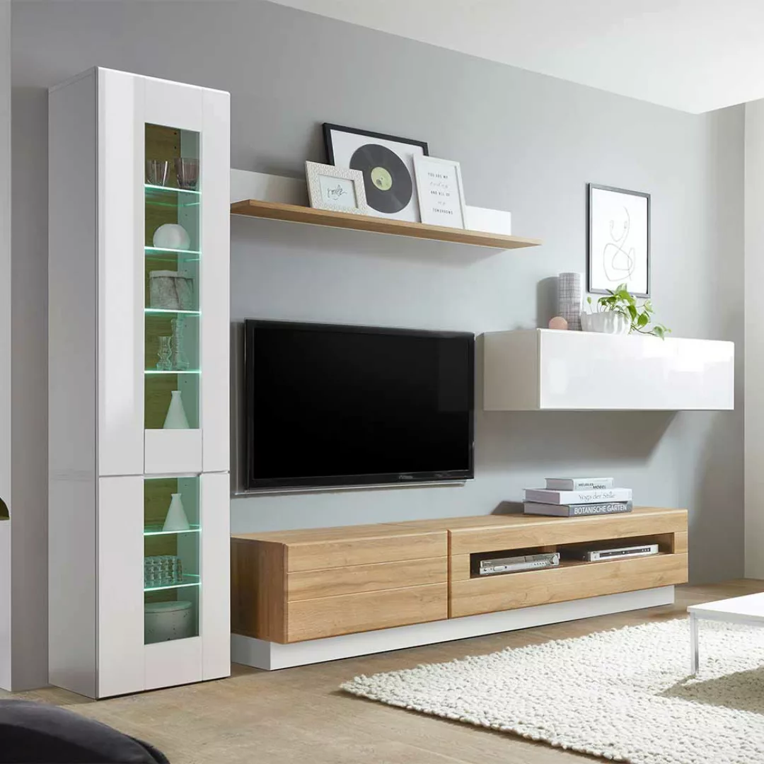 Wohnzimmerschrankwand in Weiß Hochglanz Wildeichefarben (sechsteilig) günstig online kaufen