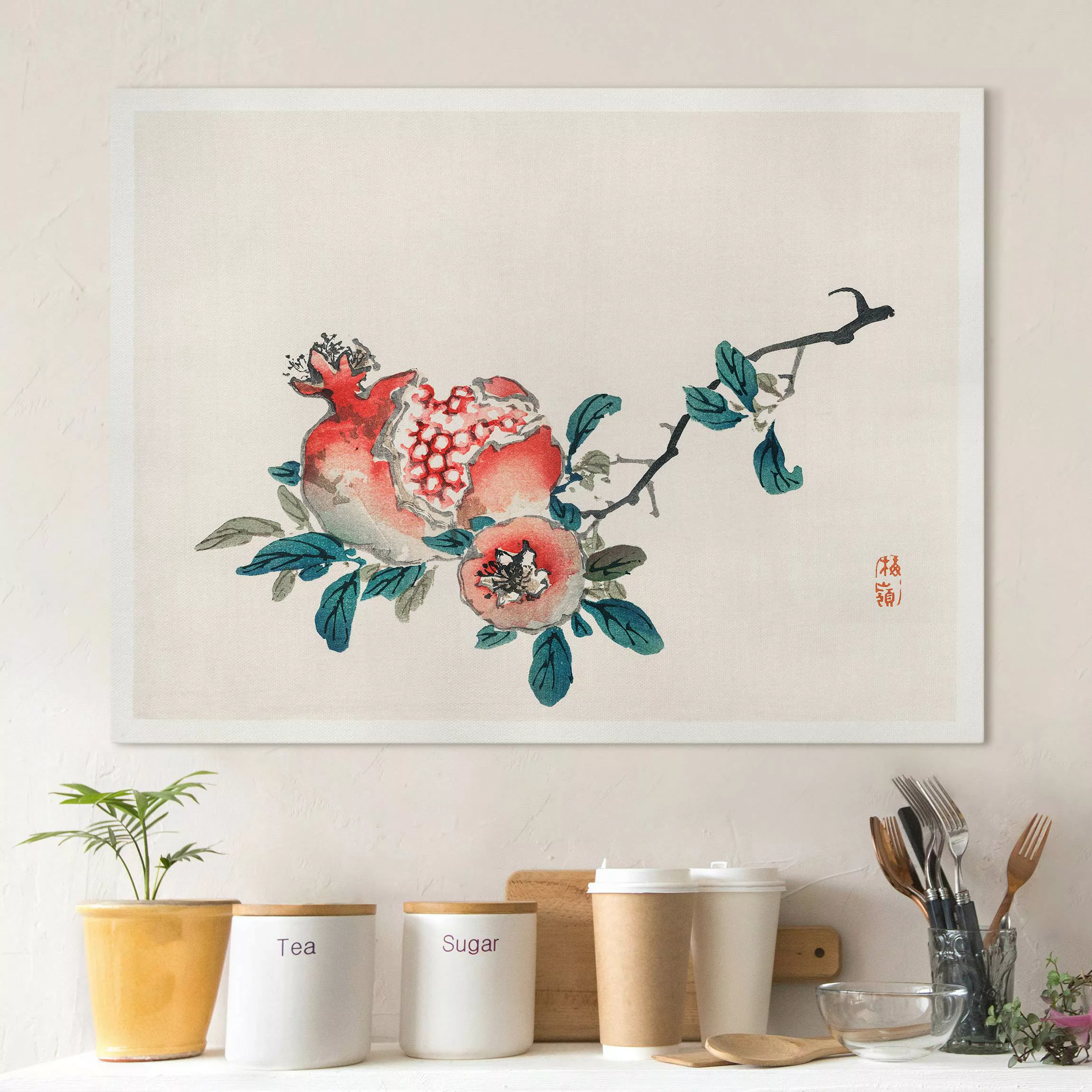 Leinwandbild Asiatische Vintage Zeichnung Granatapfel günstig online kaufen