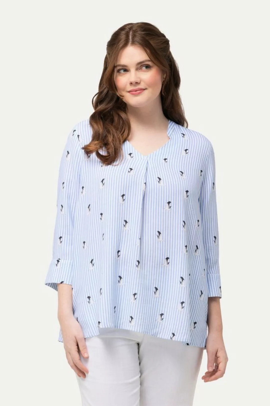 Ulla Popken Longbluse Tunika Streifen Möwen V-Ausschnitt 3/4-Arm günstig online kaufen