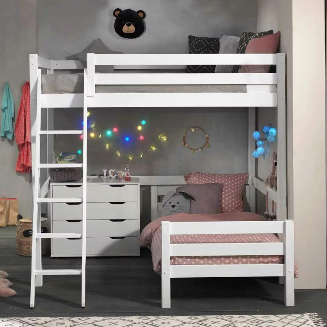 Kinderzimmer Stockbett aus Kiefer Massivholz Weiß Kommode günstig online kaufen