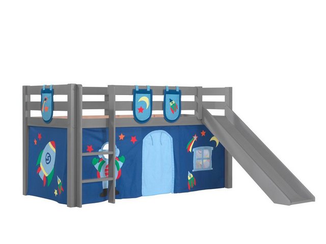 Natur24 Kinderbett Spielbett mit Rutsche und Textilset Pino Kiefer Grau günstig online kaufen