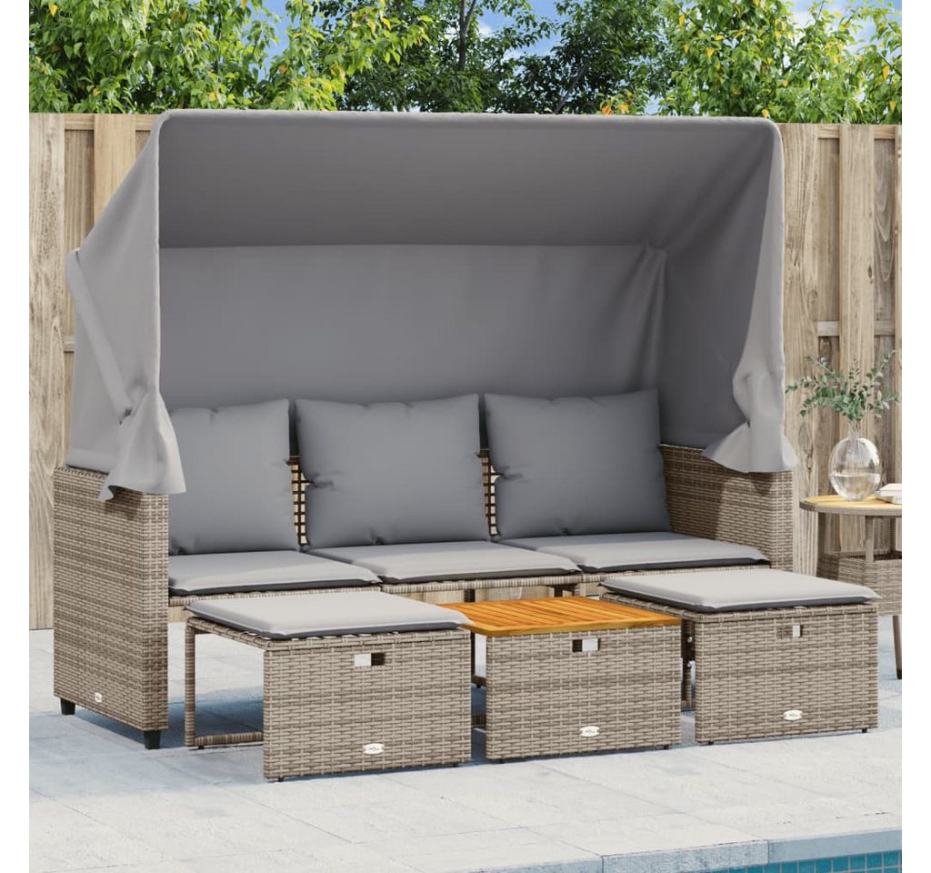 vidaXL Sofa, Outdoor-Sofa 3-Sitzer mit Dach und Hockern Grau Poly Rattan günstig online kaufen