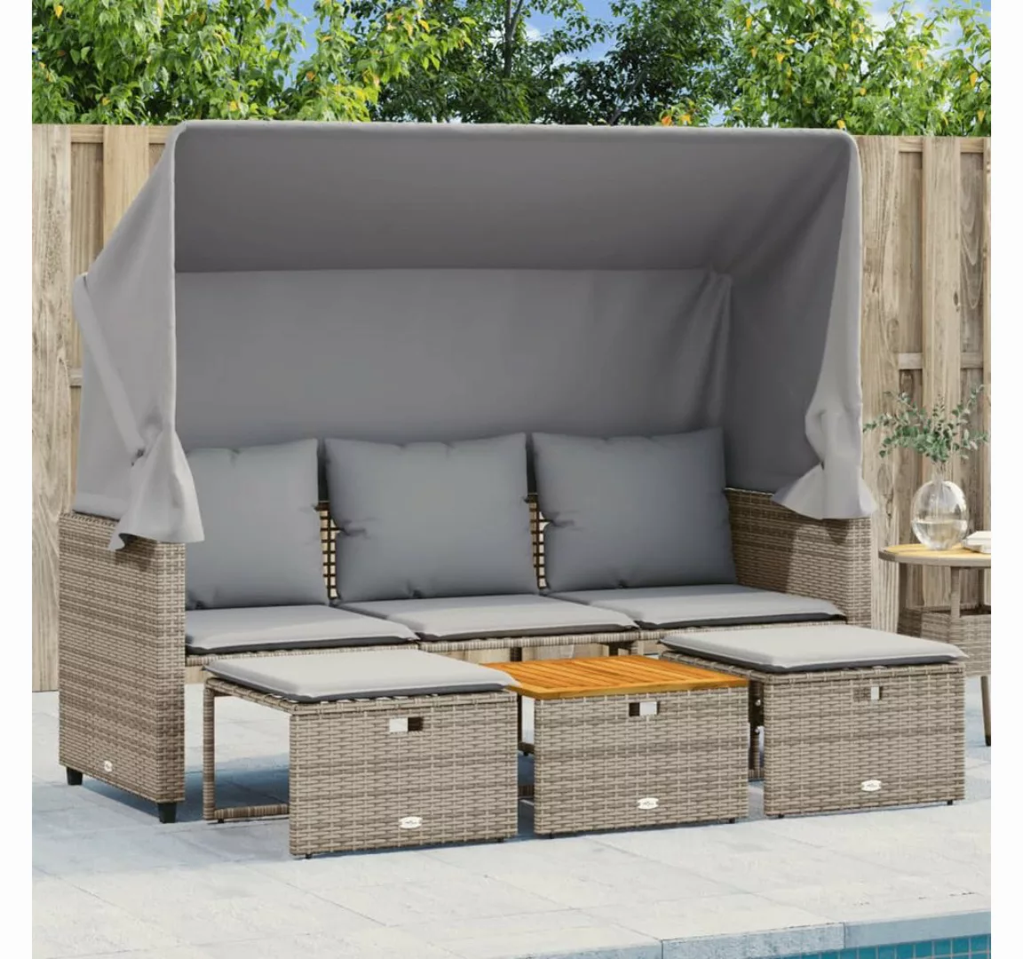 vidaXL Sofa, Outdoor-Sofa 3-Sitzer mit Dach und Hockern Grau Poly Rattan günstig online kaufen