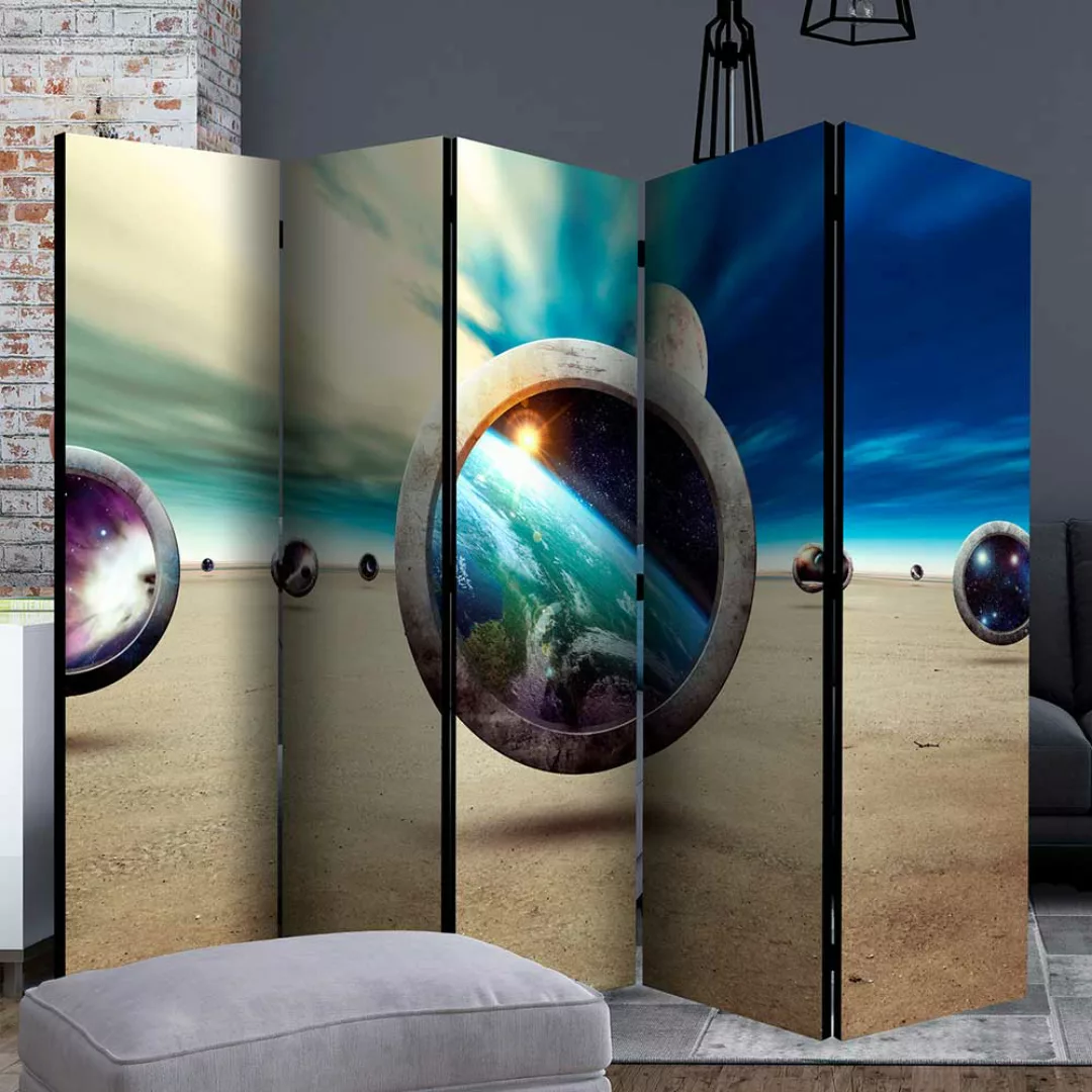 Moderner Raumteiler mit Planeten Motiv Beige Blau günstig online kaufen
