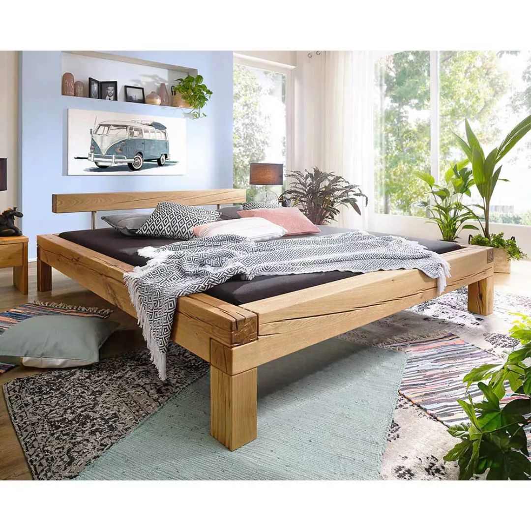 Balkenbett aus Wildeiche Massivholz rustikalen Landhausstil günstig online kaufen