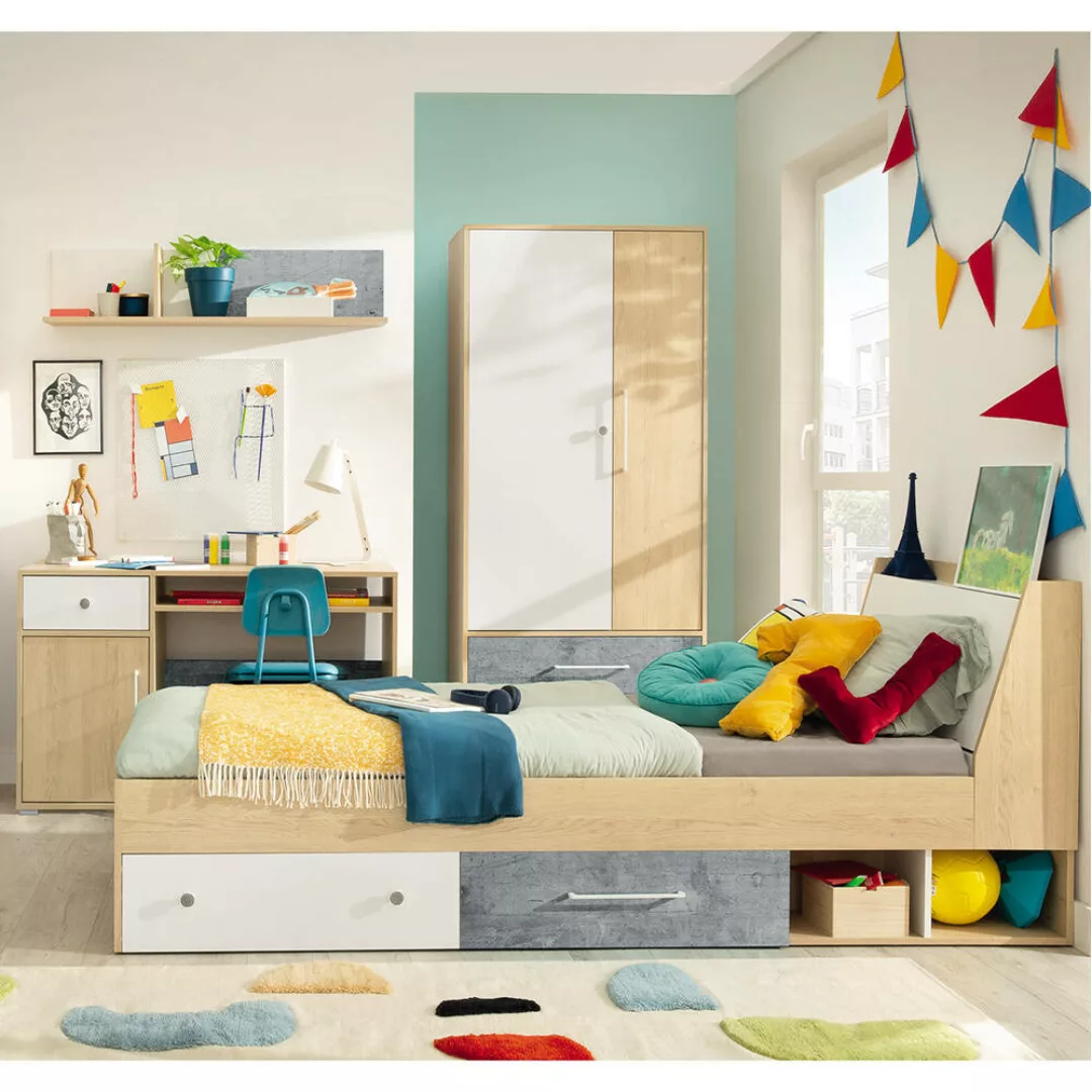 Jugendzimmer Set 4-teilig SPOKANE-133 mit Bett 120cm Eiche mit weiß und Bet günstig online kaufen