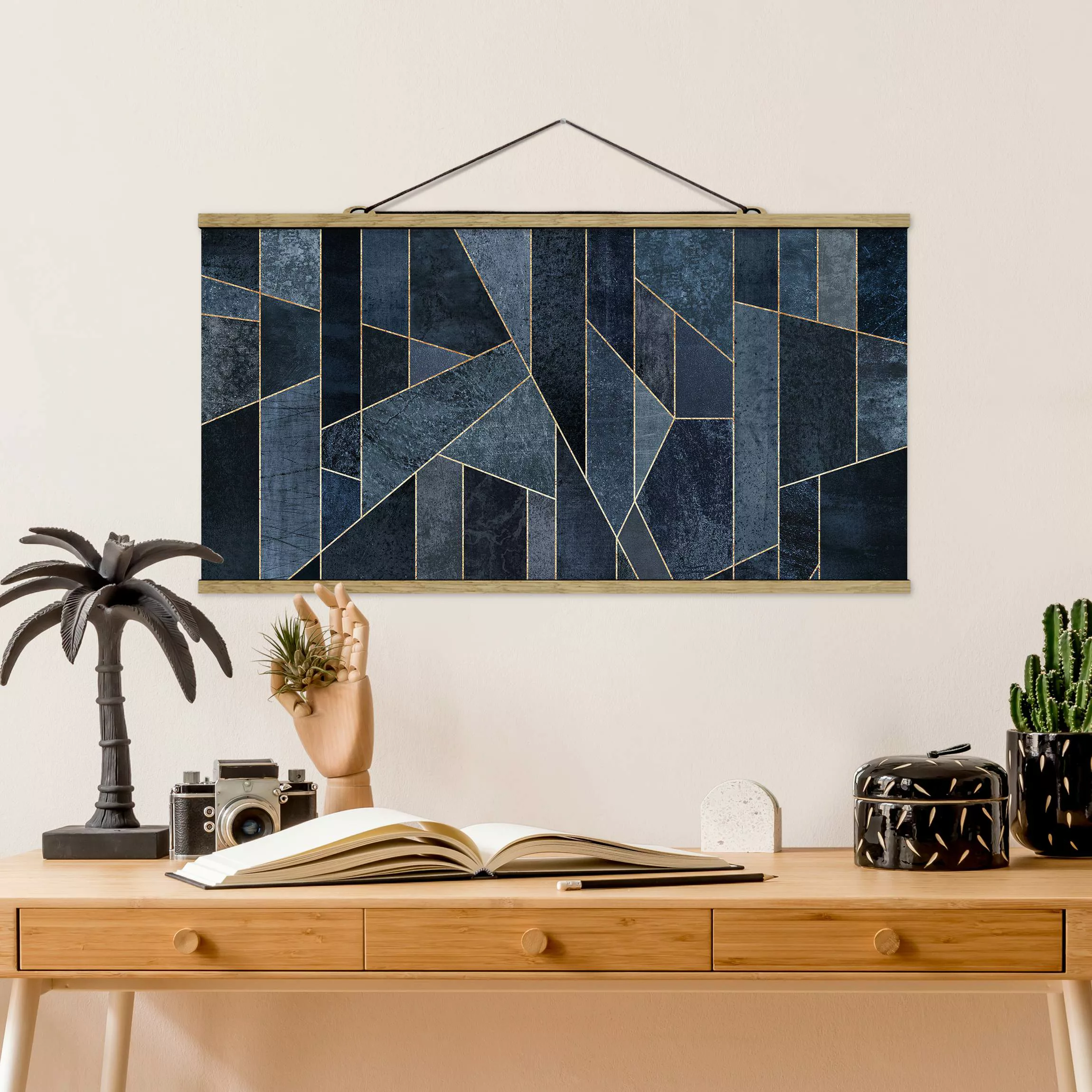 Stoffbild Abstrakt mit Posterleisten - Querformat Blaue Geometrie Aquarell günstig online kaufen