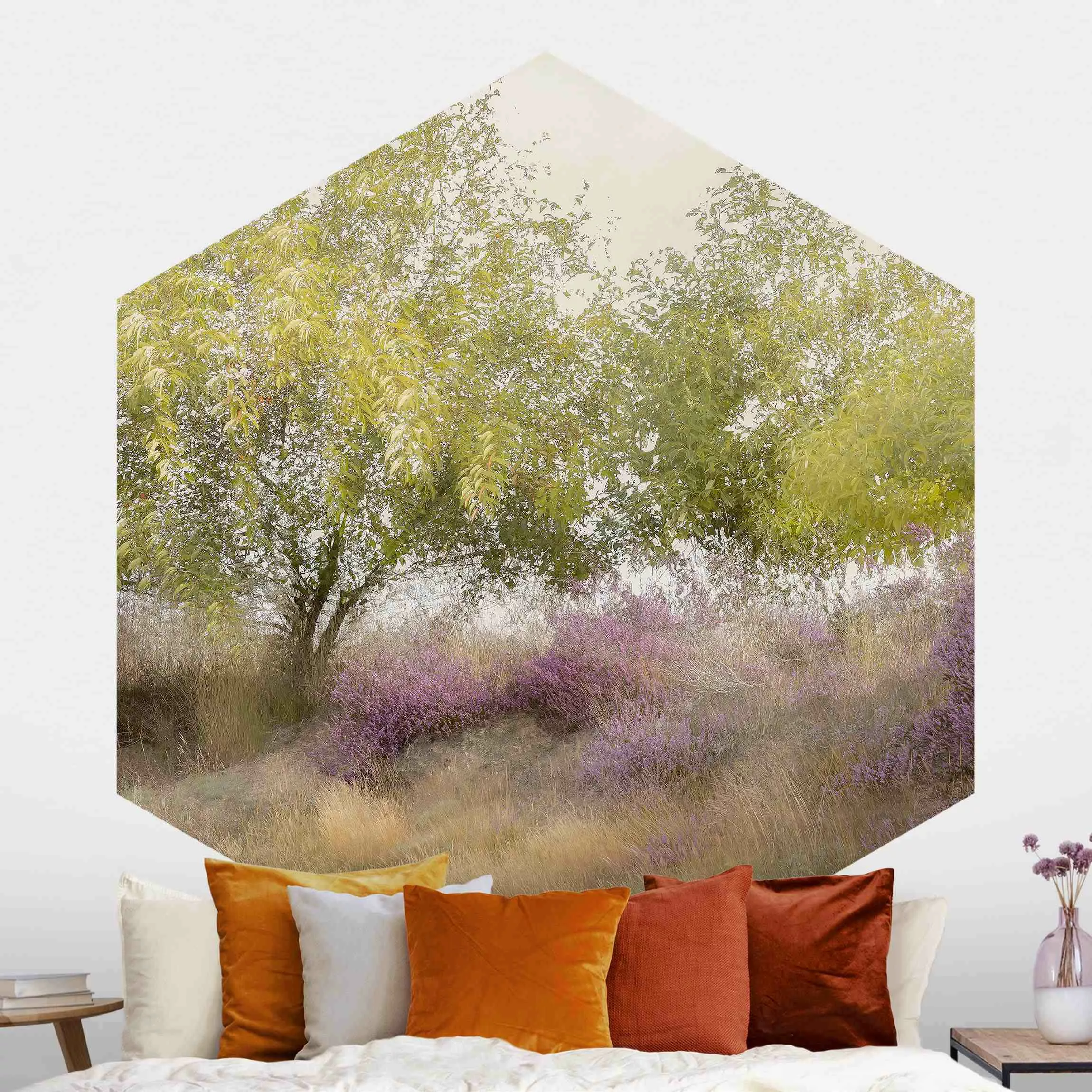 Hexagon Mustertapete selbstklebend Verträumter Baum im Sommer günstig online kaufen