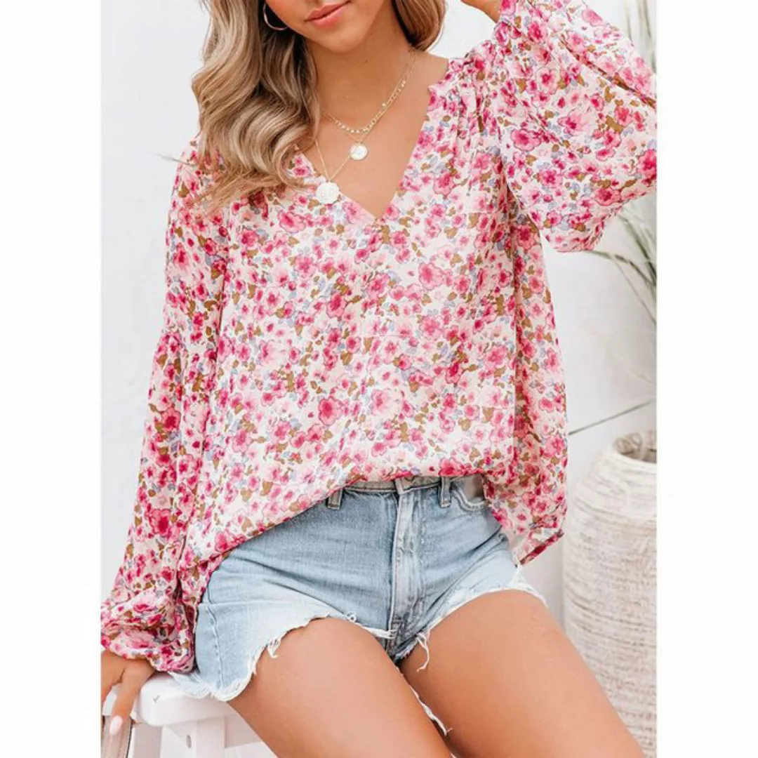 ZWY Shirtbluse Damen Sommer Frühling Ärmel Chiffon Blumendruck Lange Flare günstig online kaufen