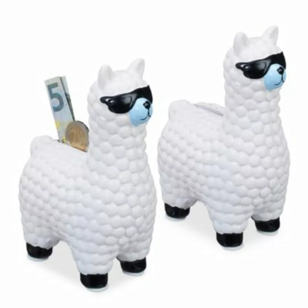 relaxdays 2 x Lama Spardose mit Sonnenbrille weiß günstig online kaufen