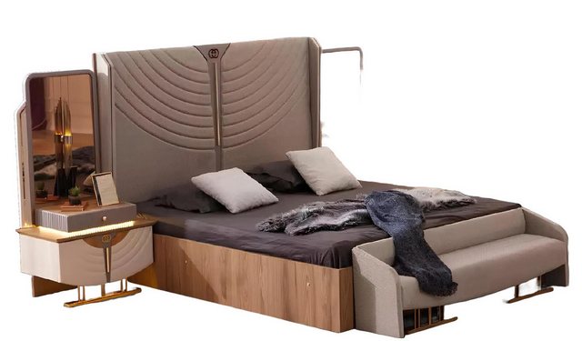 Xlmoebel Bett 4-teiliges Schlafzimmer-Set mit Doppelbett, Bank und Beige (S günstig online kaufen