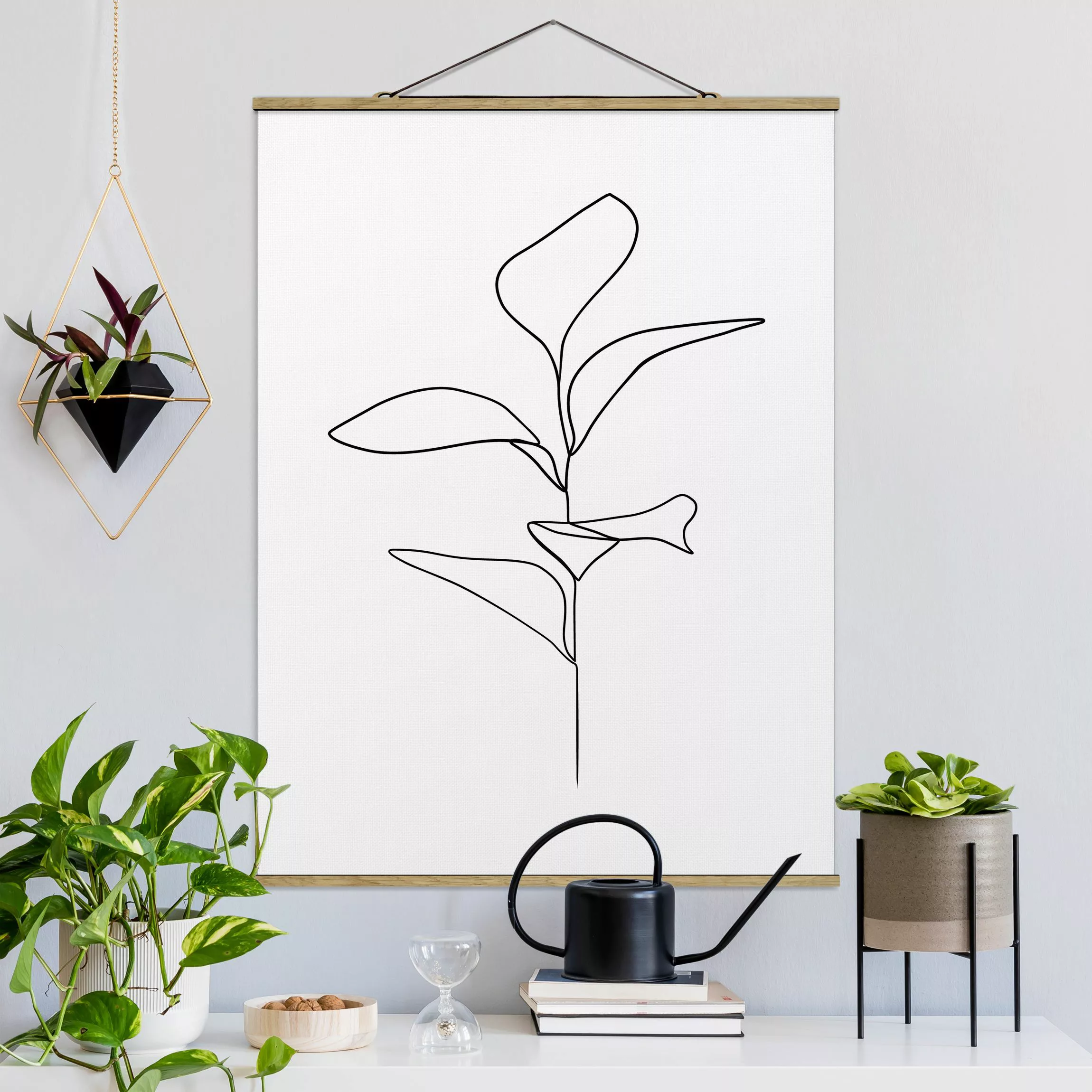 Stoffbild Blumen mit Posterleisten - Hochformat Line Art Pflanze Blätter Sc günstig online kaufen